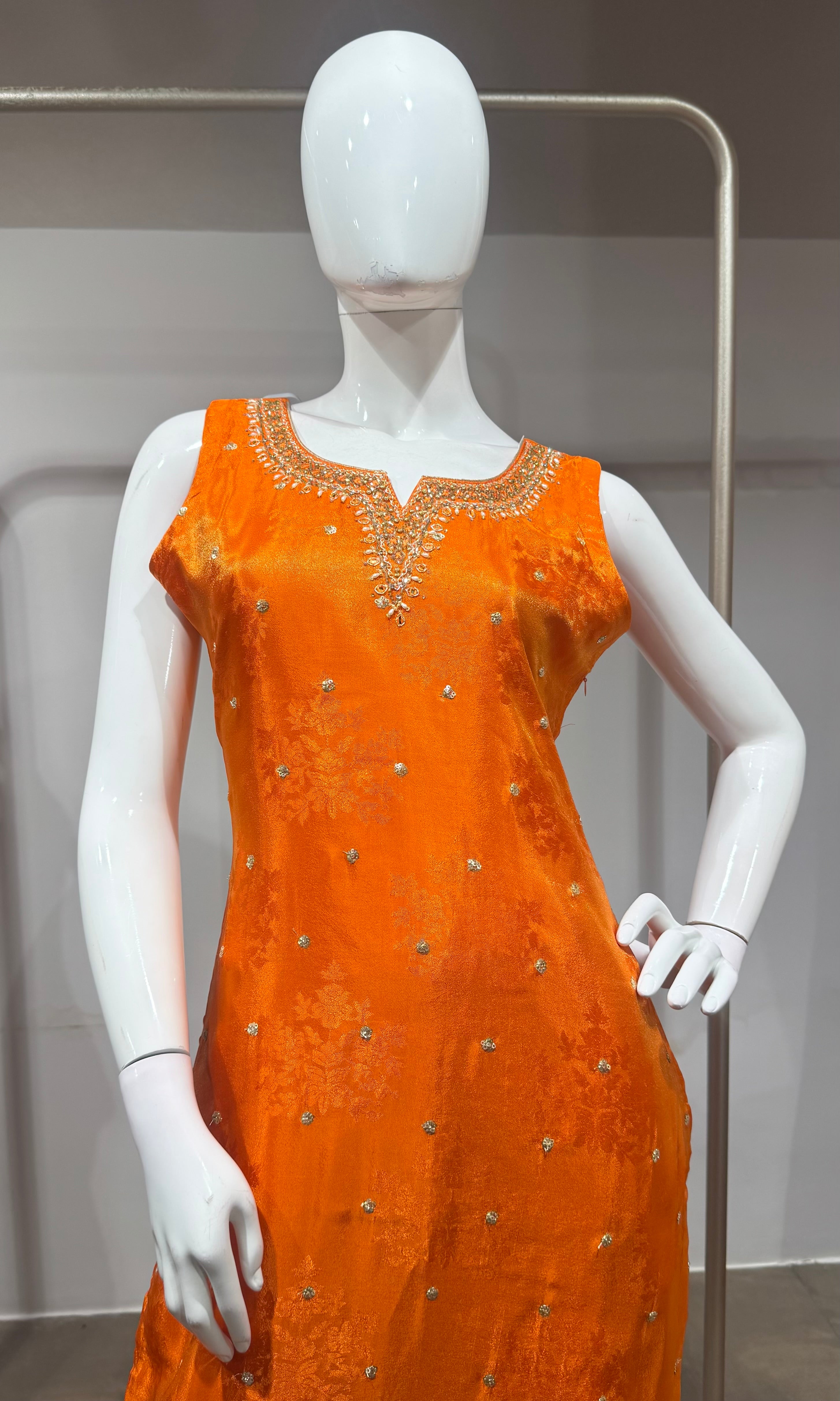 orange intricate gold embroidery Kurta set