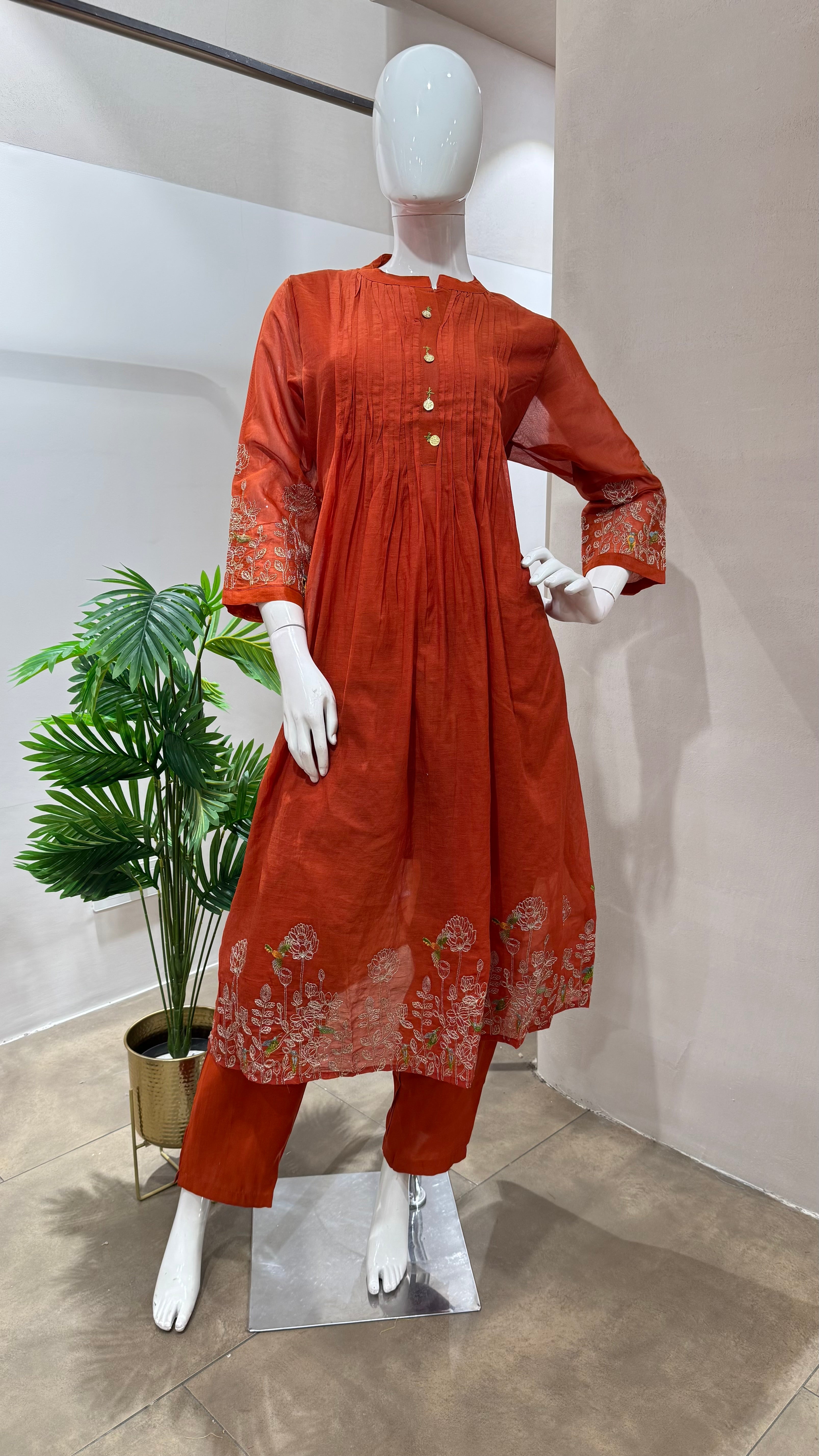 RUST floral mul chanderi embroidery set