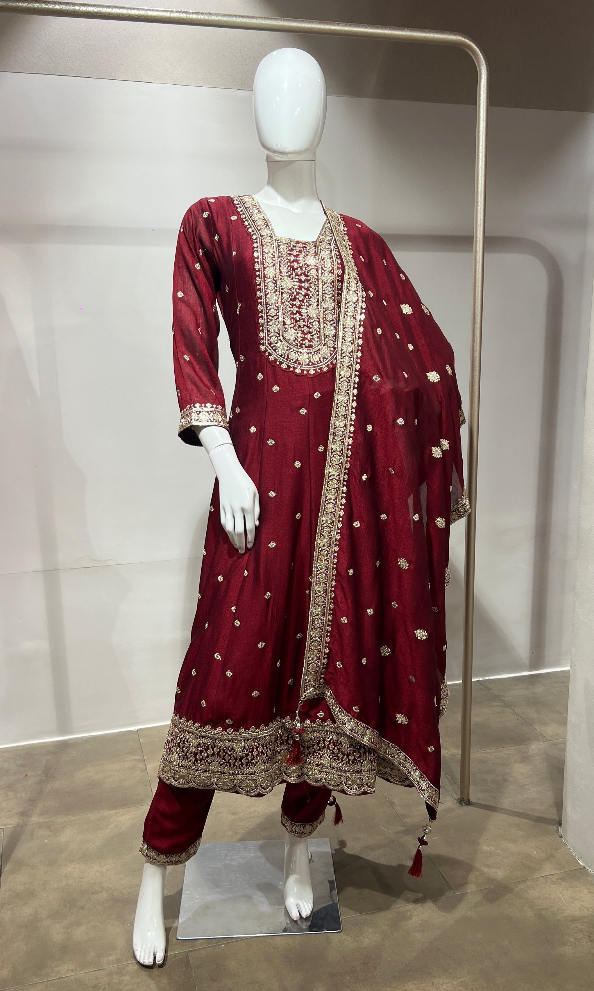 Wine gold embroidered Anarkali set