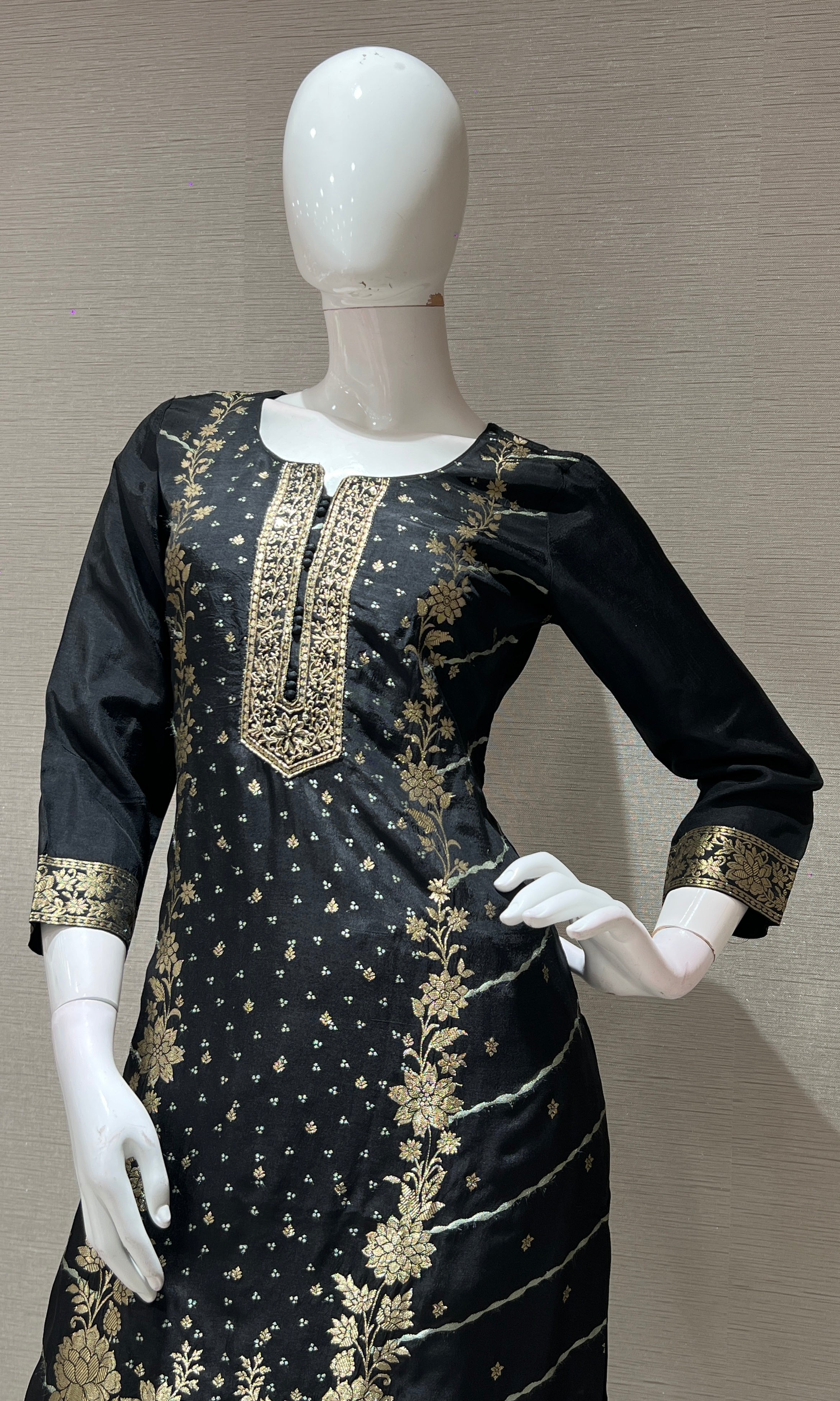 Black golden floral print kurta set