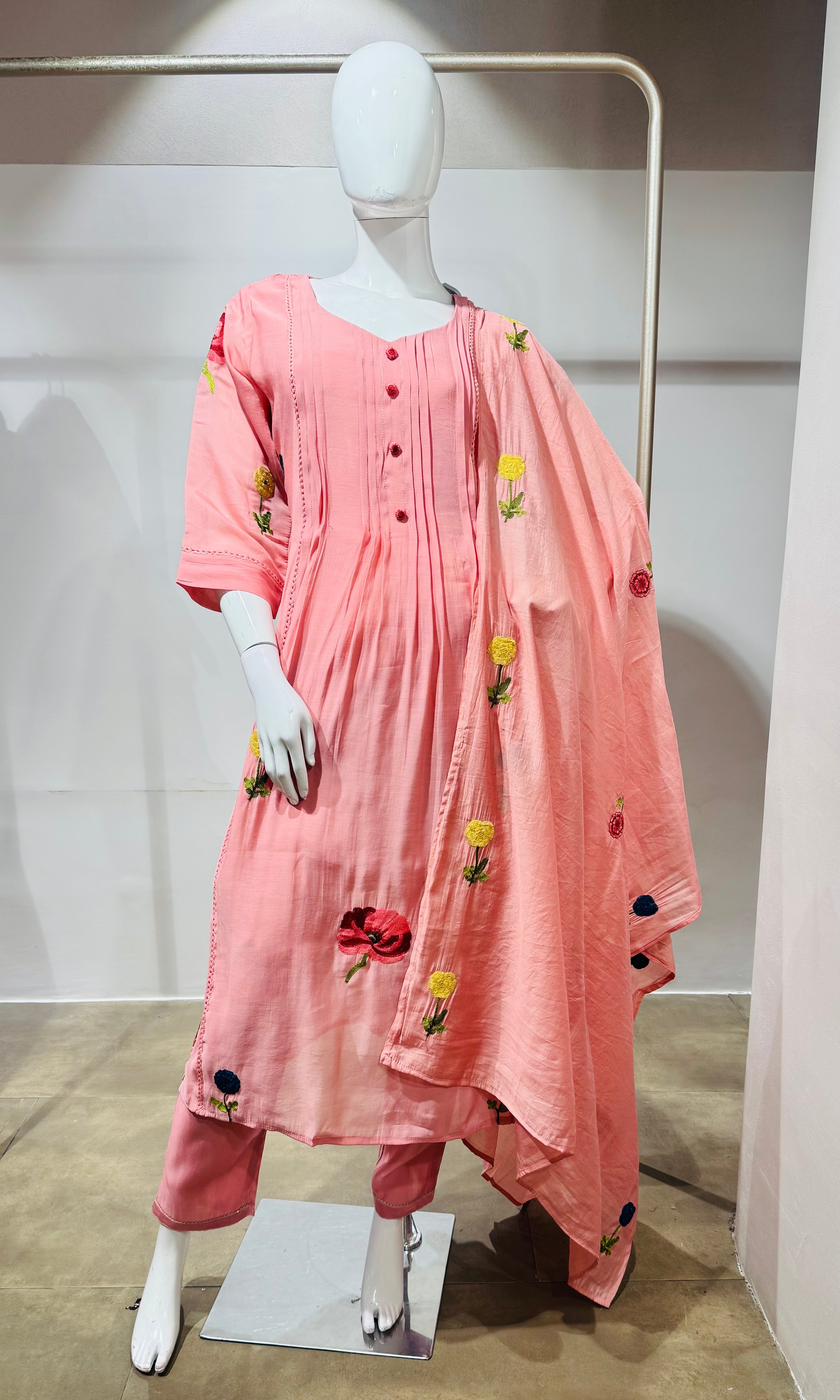 Pink Floral Kurta Pant Set with Dupatta