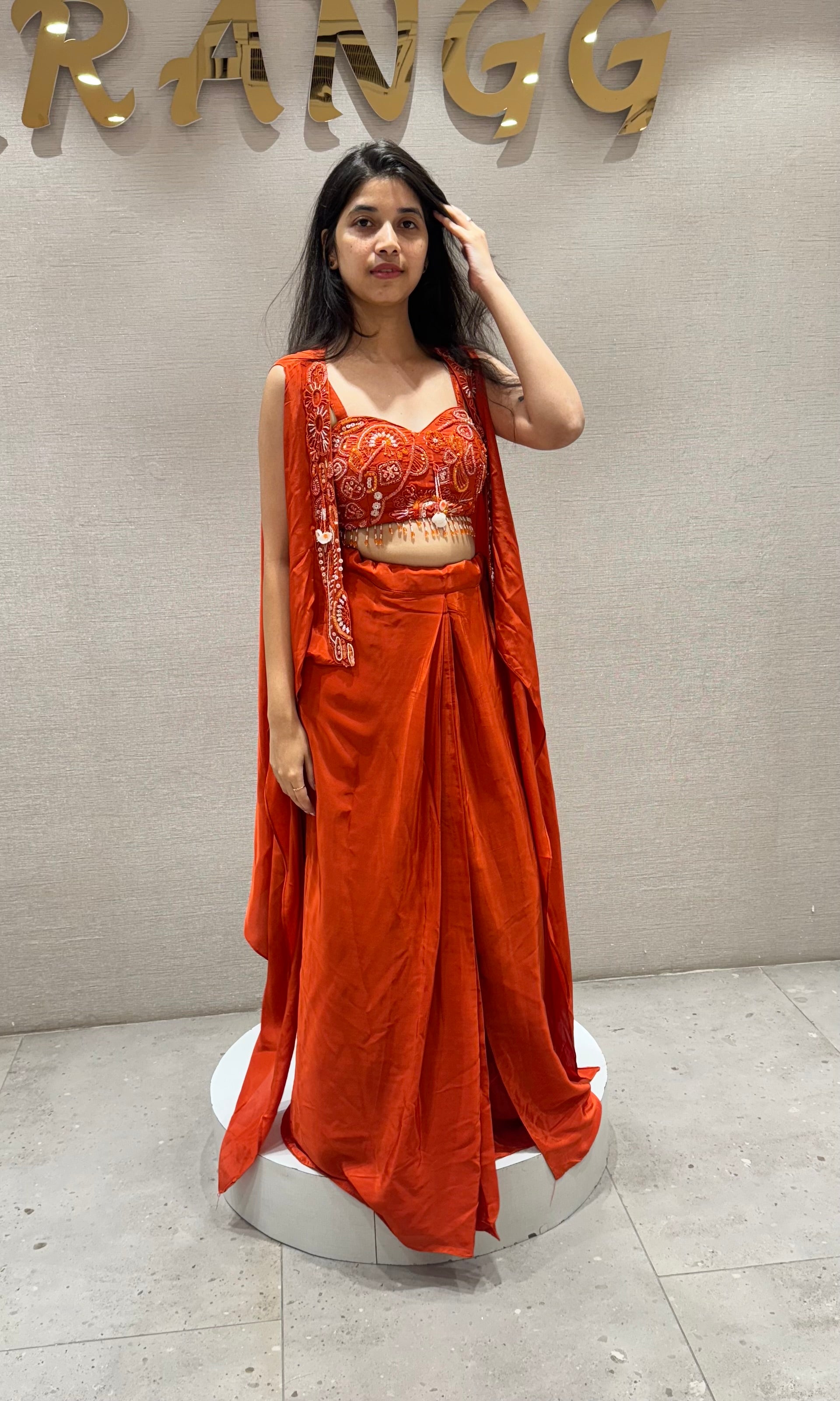 ORANGE SKIRT WITH CORSET BLOUSE AND CAPE