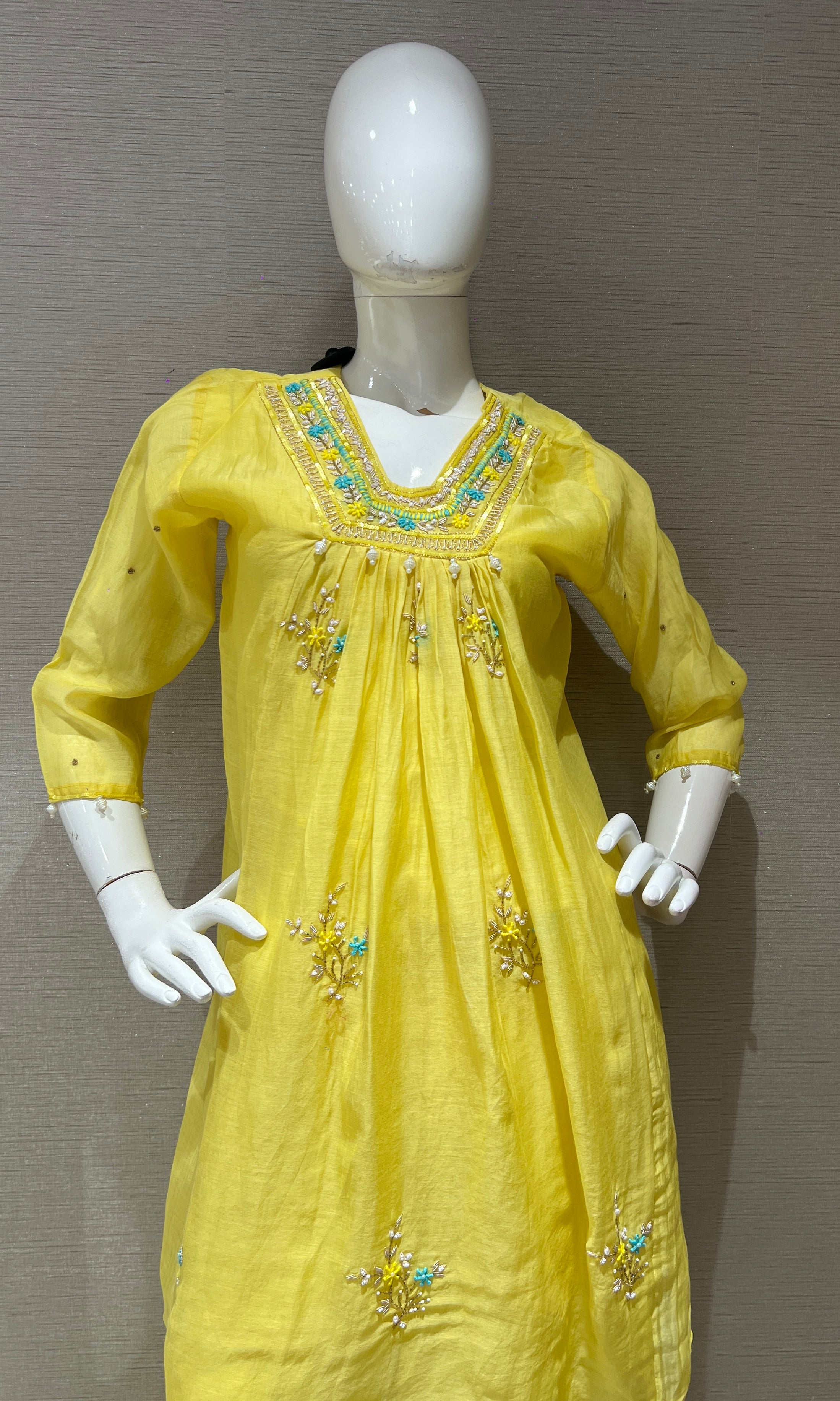 Yellow Long Sleeve Tunic Kurti with botttom
