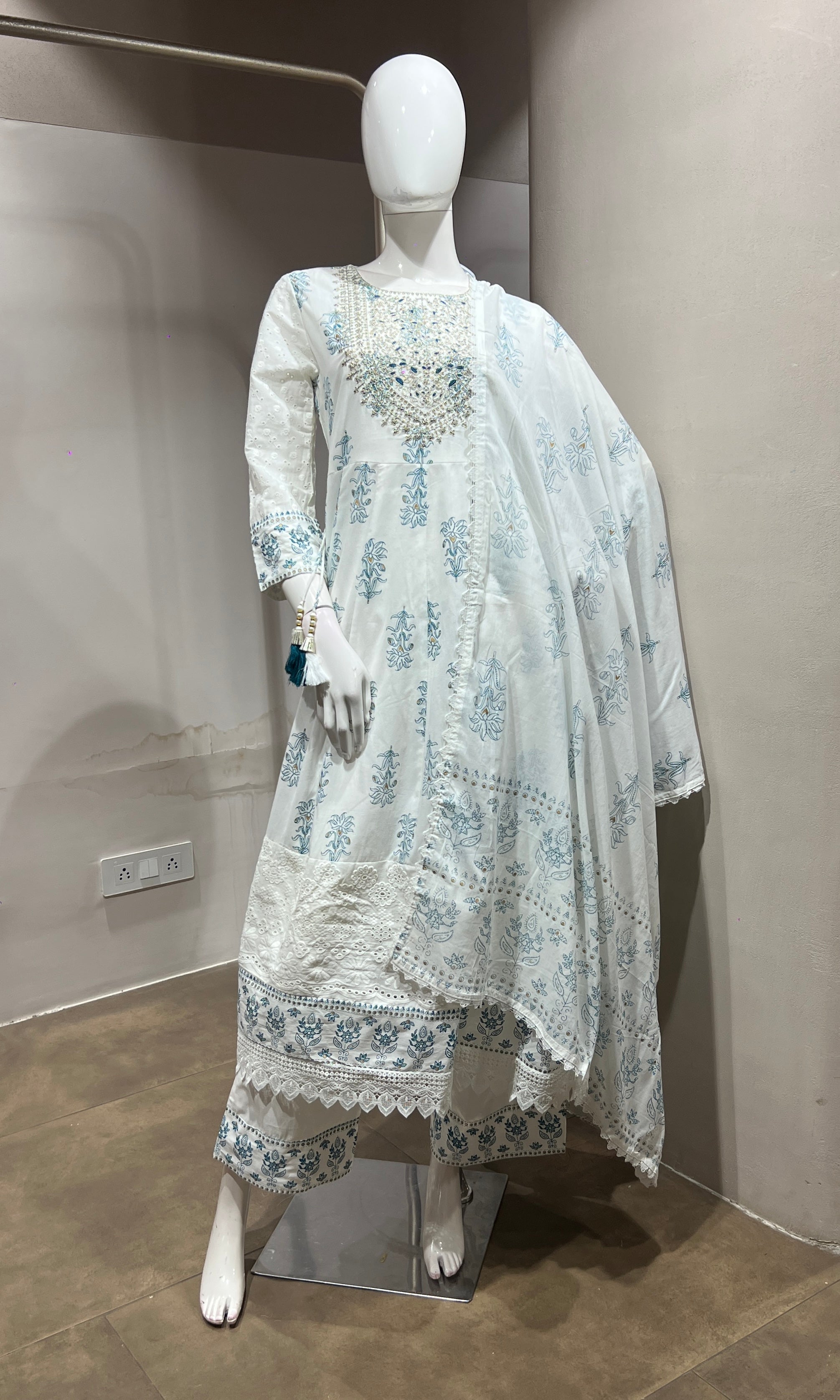White and Sky Blue Floral Printed Anarkali Set