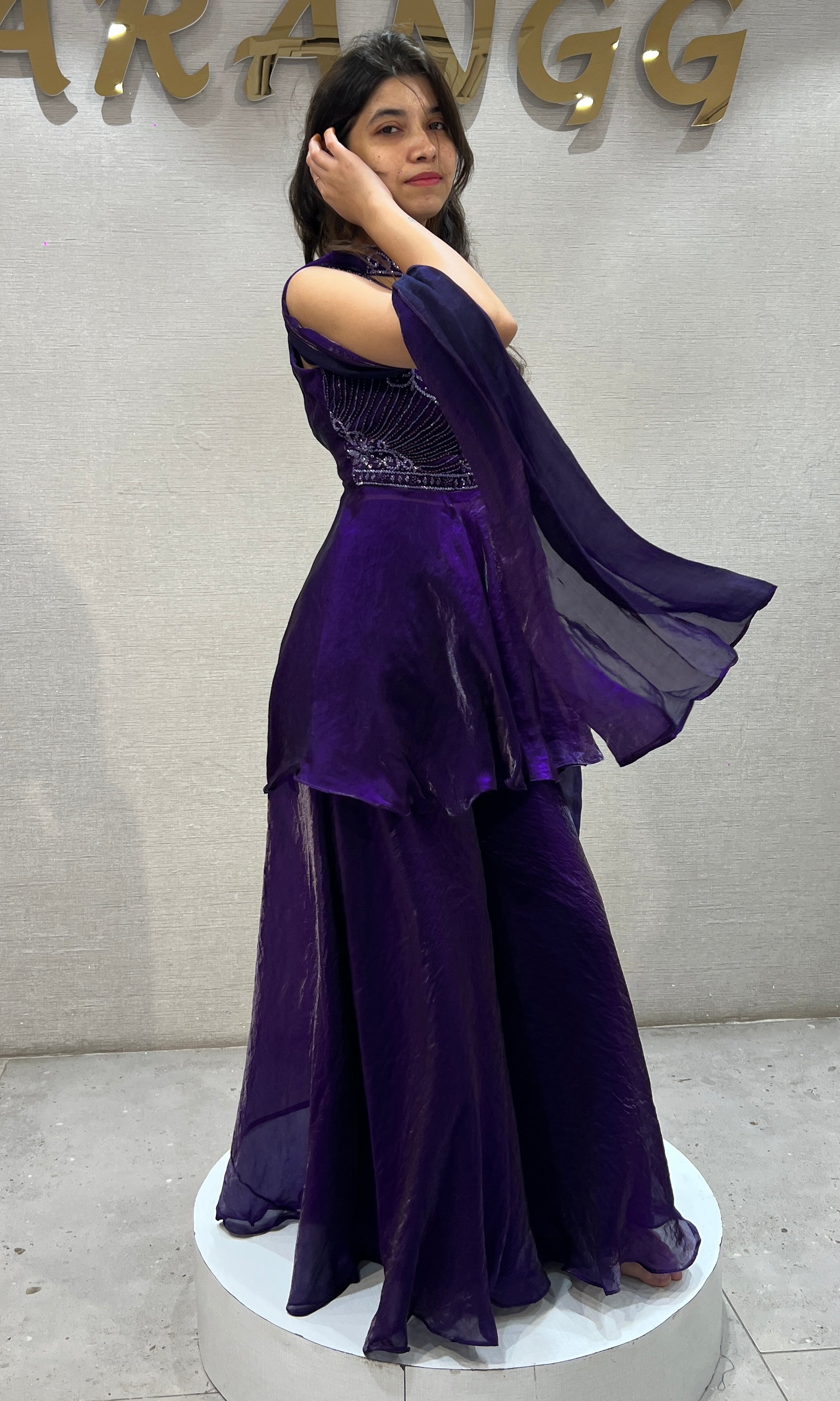 Purple Peplum Top with Flared Palazzo & Choker Dupatta Set