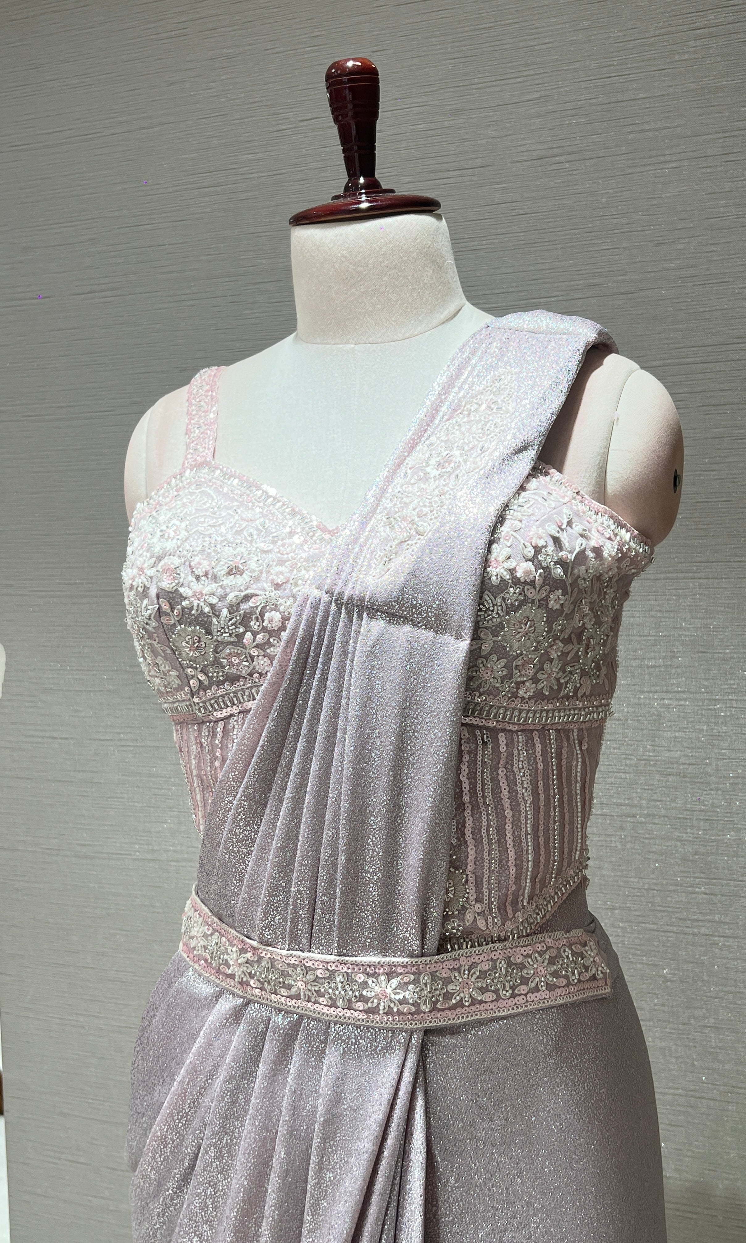 BABY PINK EMBELLISHED DRAPE SAREE WITH BELT