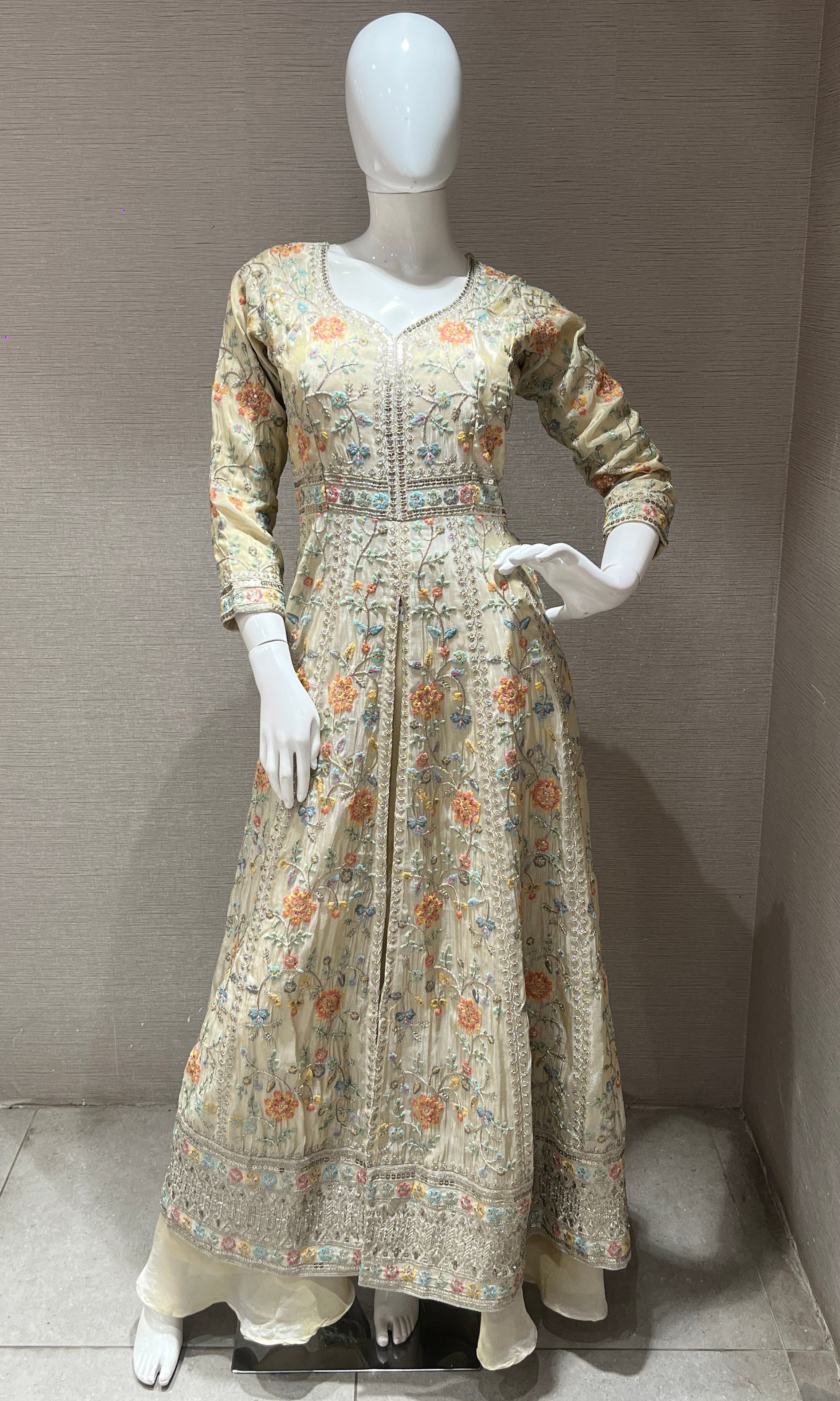 Cream front slit Anarkali kurta set