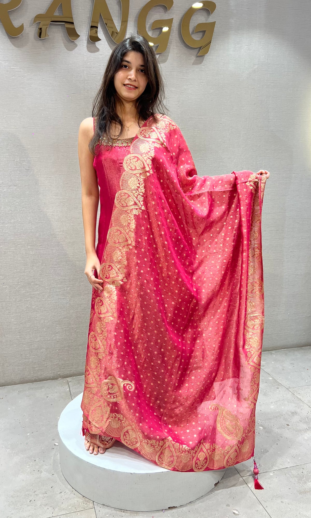 Pink banarasi silk Anarkali with Gold Zari Embroidery and Dupatta