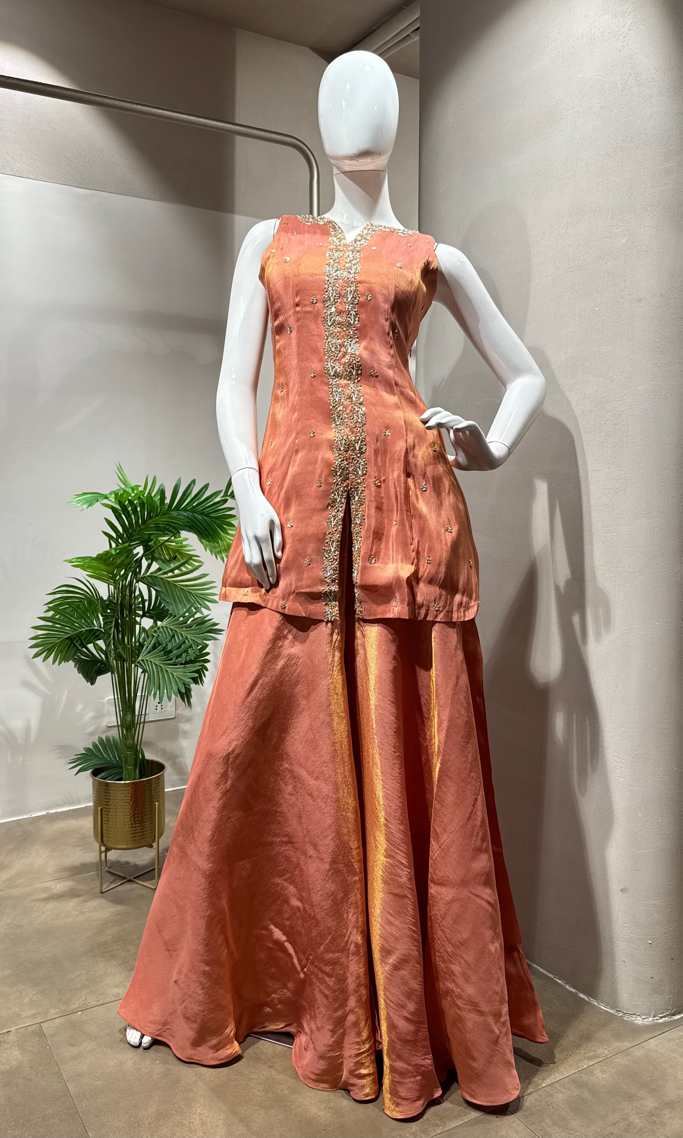 Peach Golden Tissue peplum palazzo Set