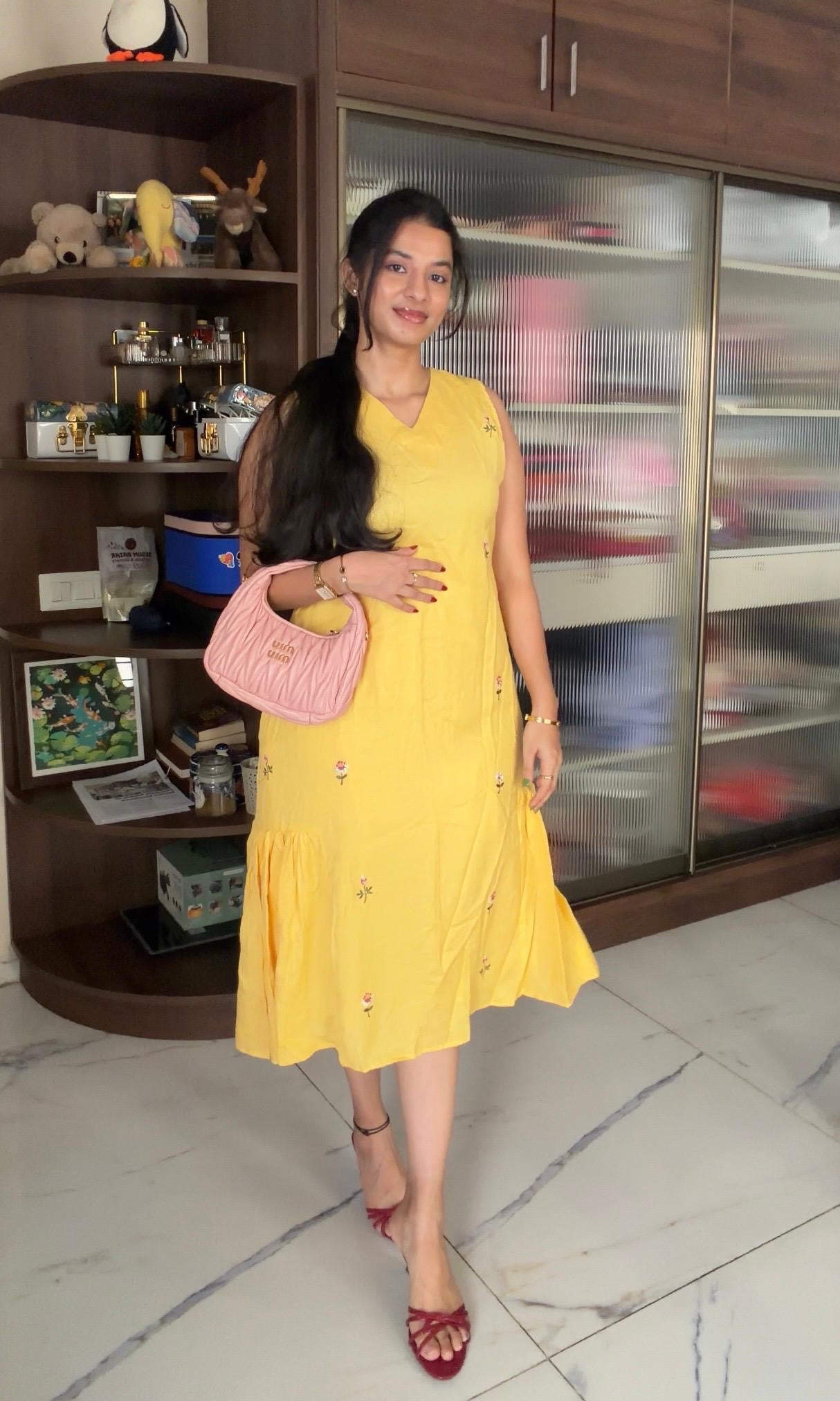 Butter yellow dress with floral embroidery