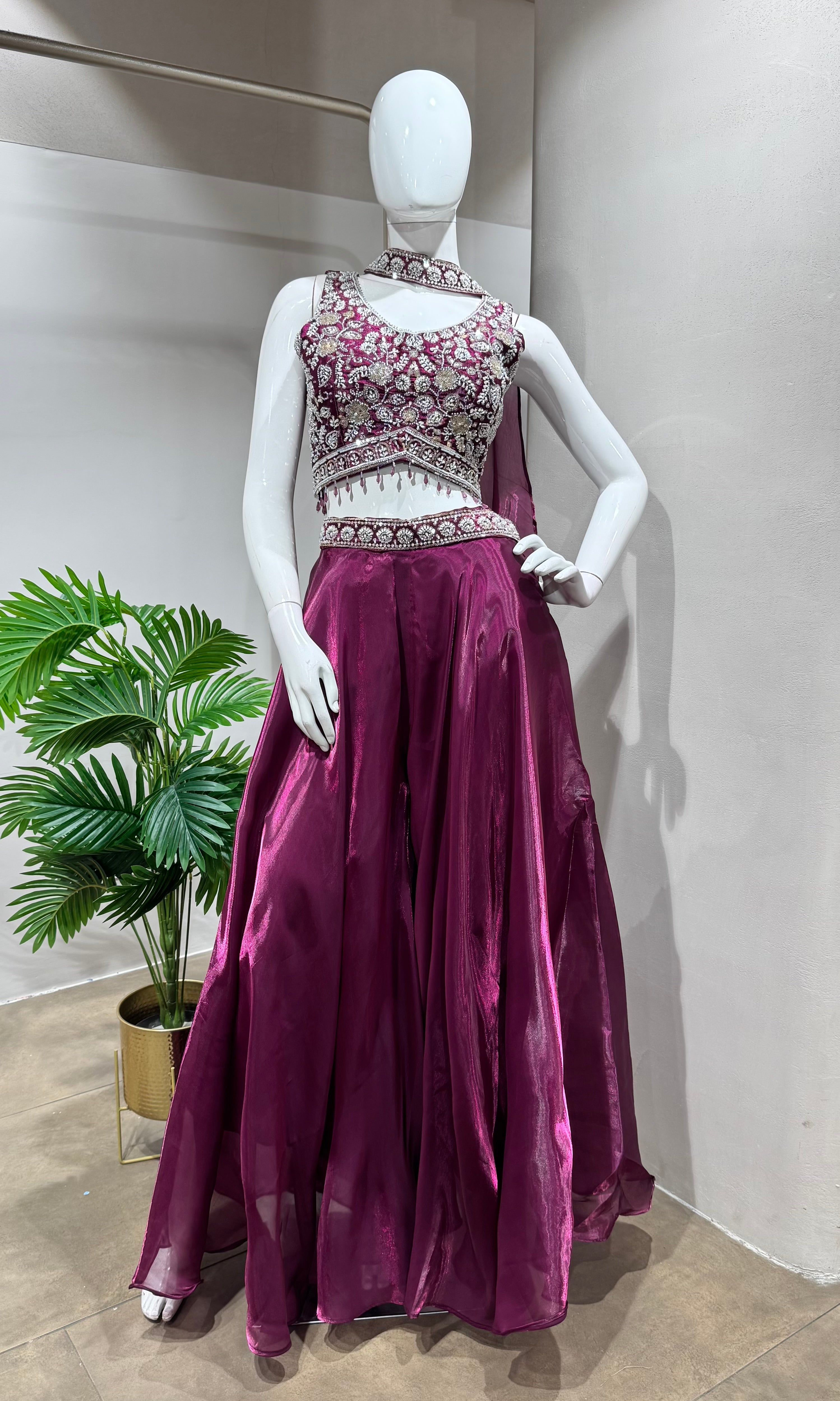 wine floral embroidered crop top palazzo set
