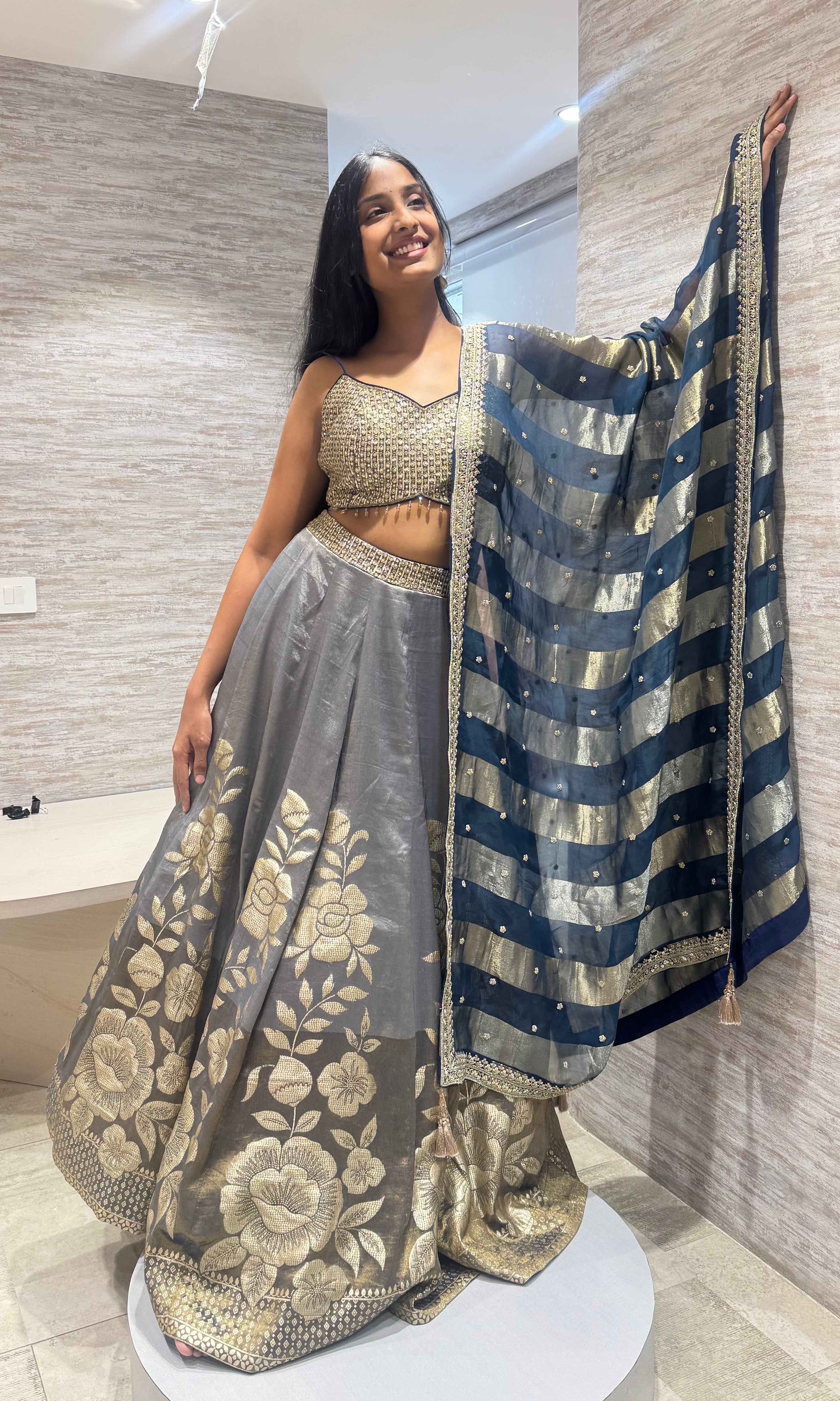 blue Gold floral Zari Lehenga set