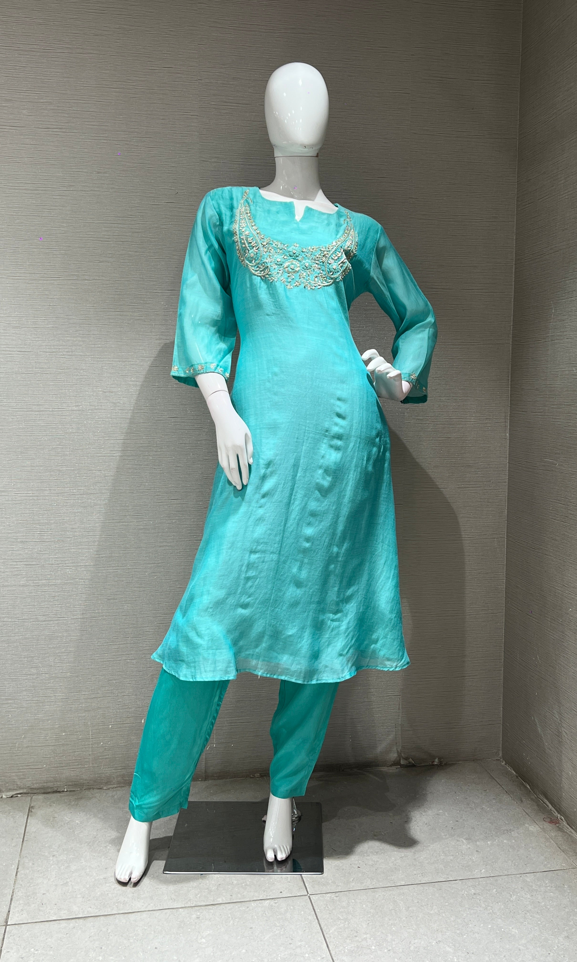 Sea green MUL CHANDERI  KURTA SET