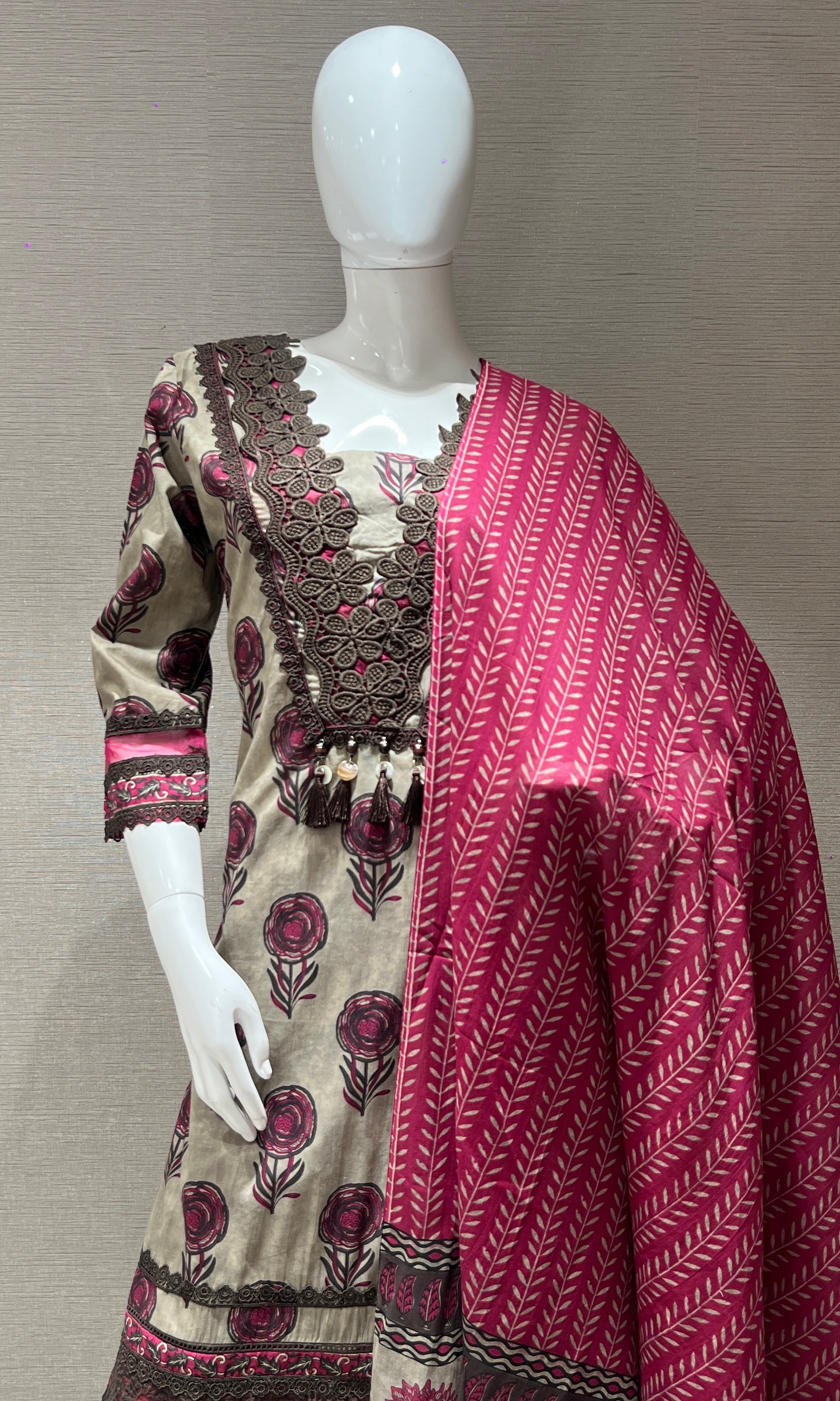 Beige and Magenta kurta set