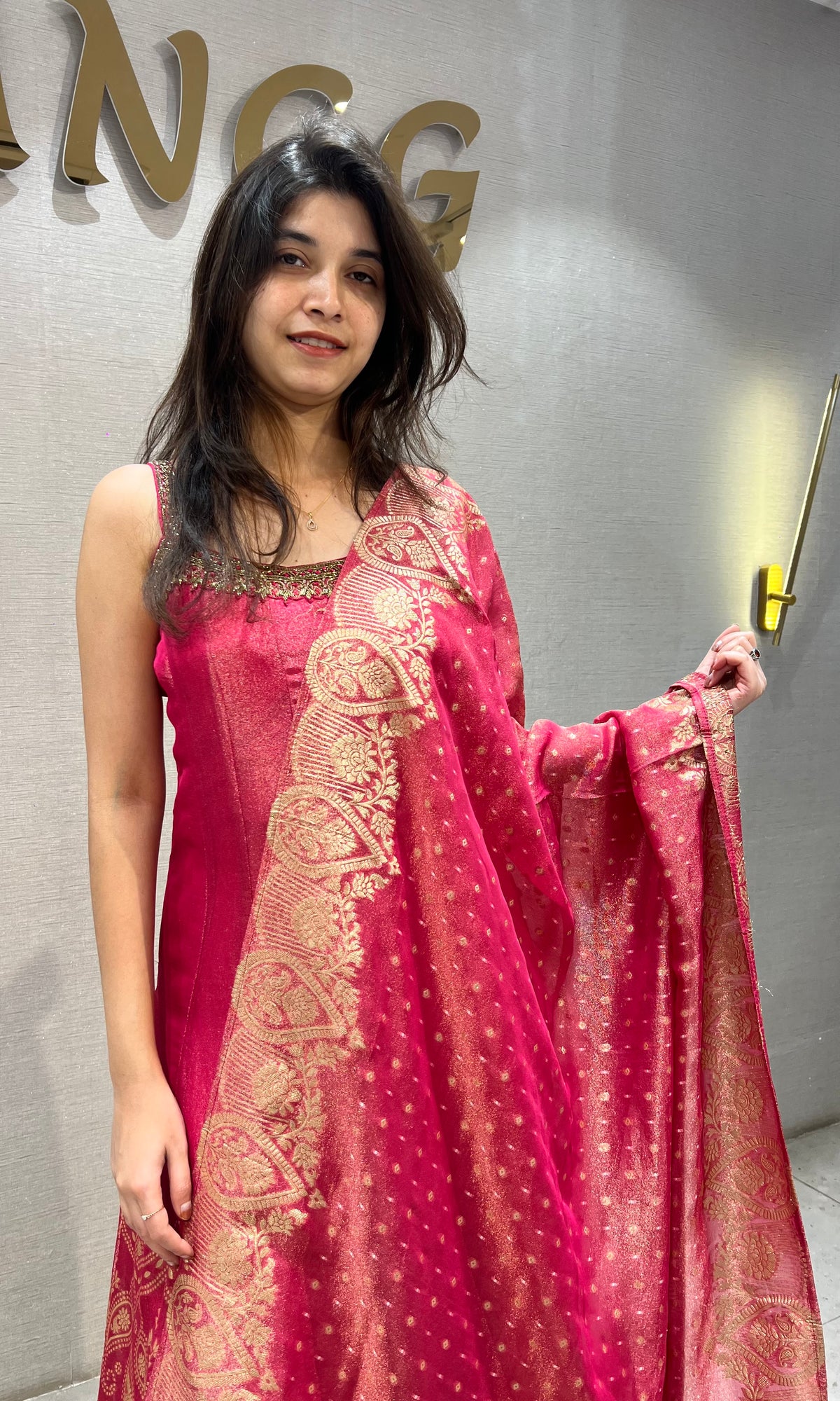Pink banarasi silk Anarkali with Gold Zari Embroidery and Dupatta