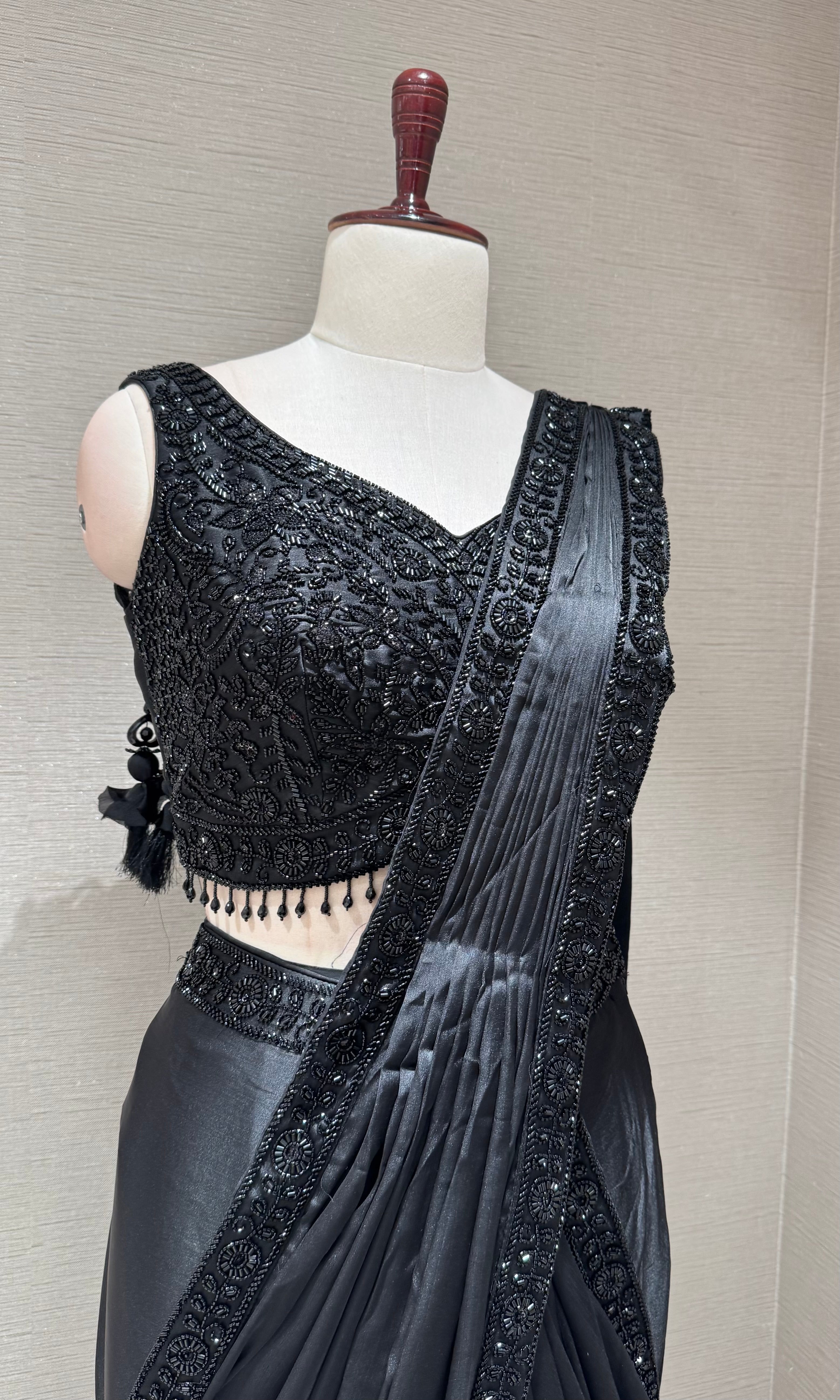 Black Embellished Draped Saree with Ethnic Blouse