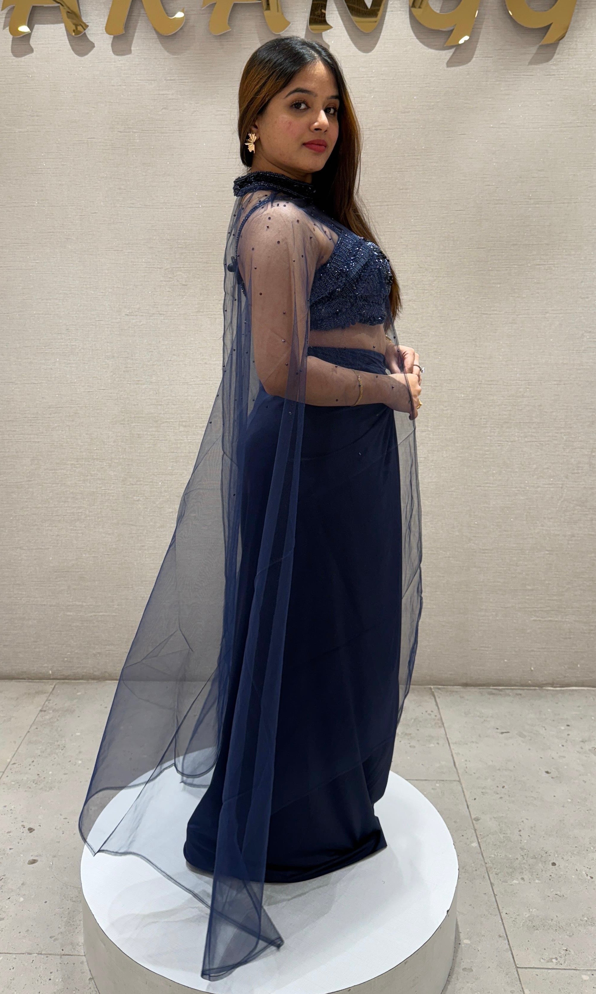 Navy blue 3 piece drape skirt dress