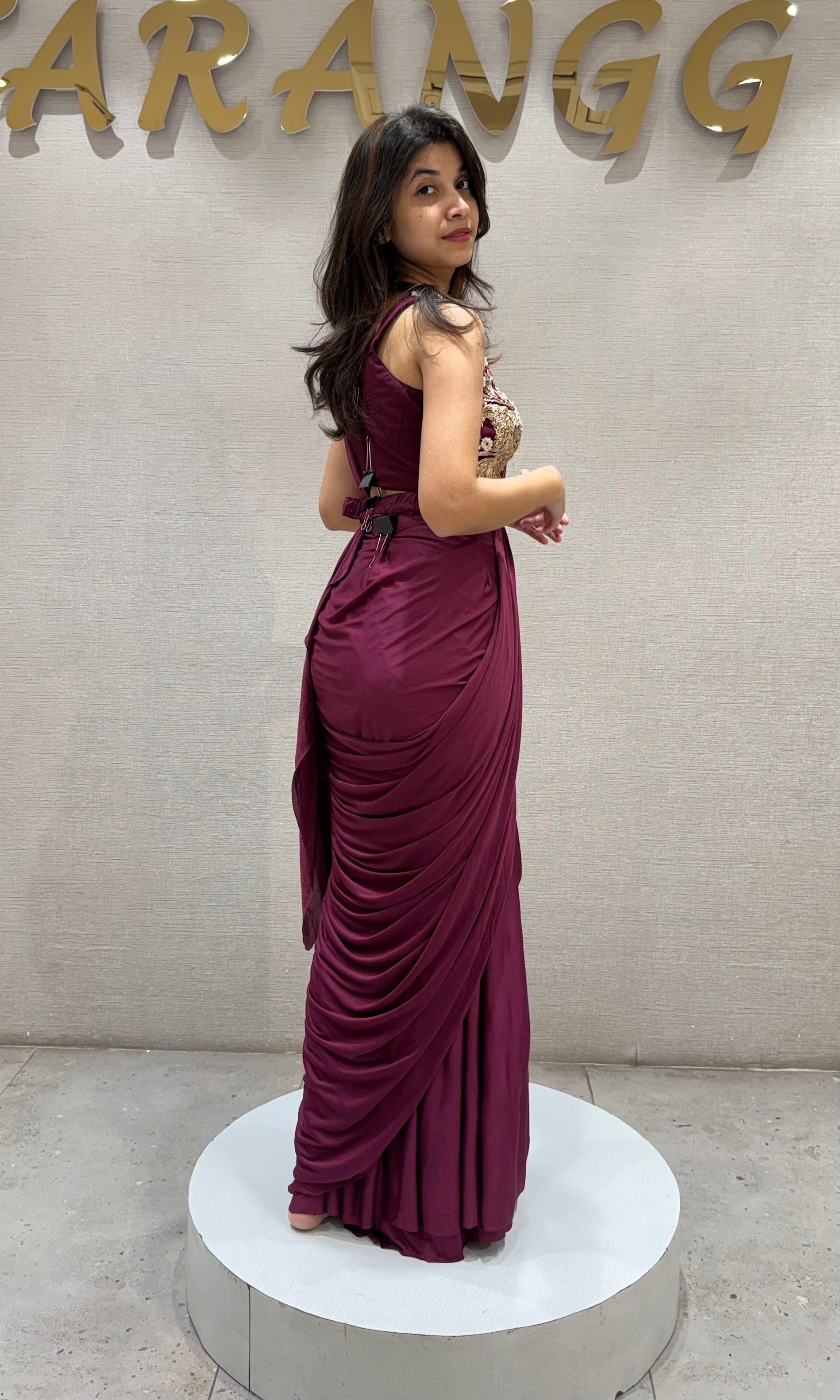 Wine Draped Saree with Embroidered Blouse