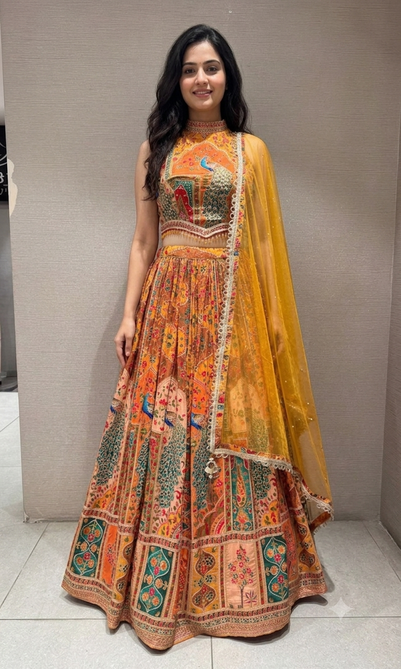 Mustard Mayur Pichwai halter neck Lehenga set