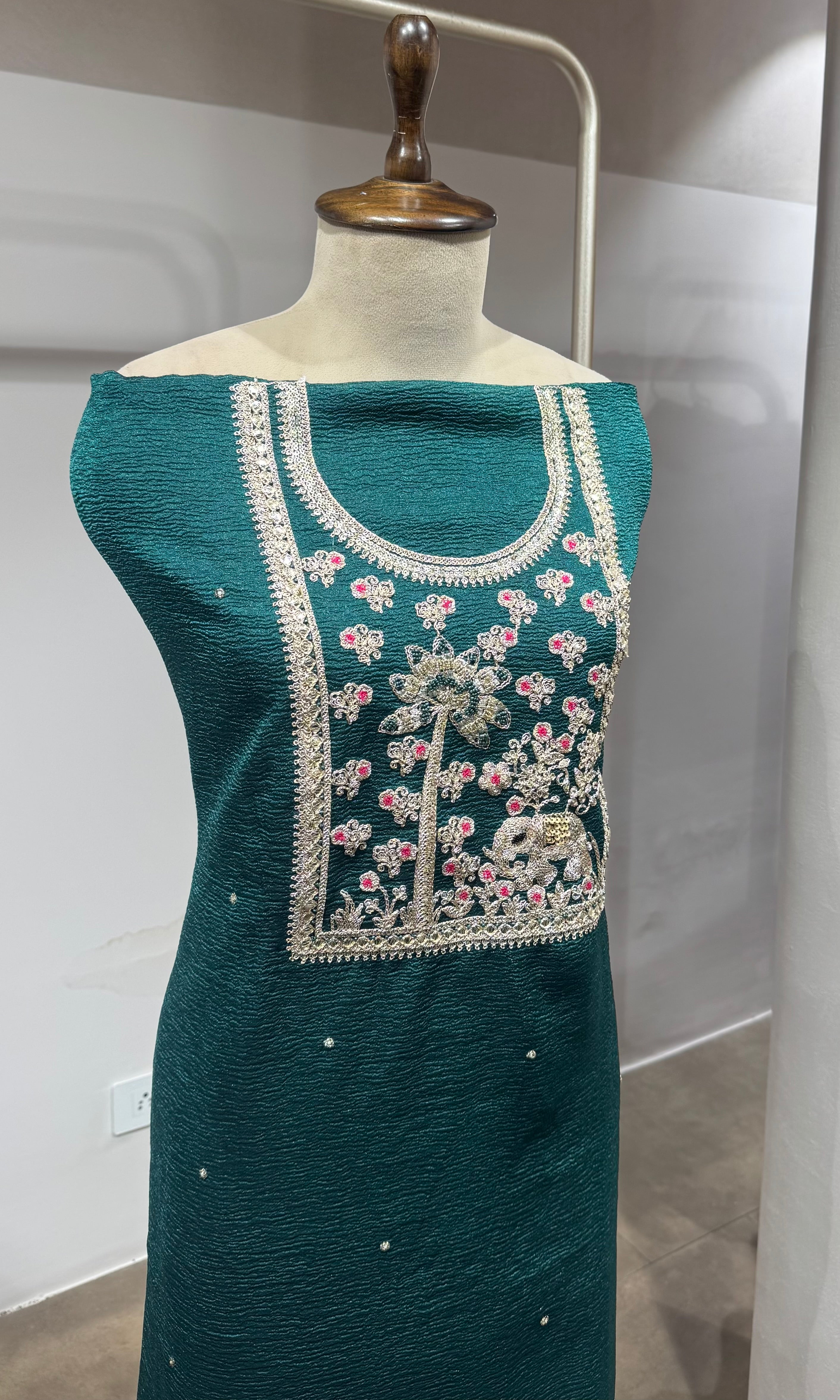 Green ETHNIC DRESS MATERIAL WITH BANARASI DUPATTA