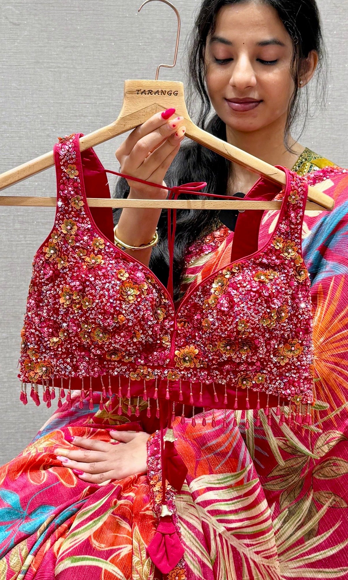 Red Pink digital printed crushed Georgette saree with ready blouse