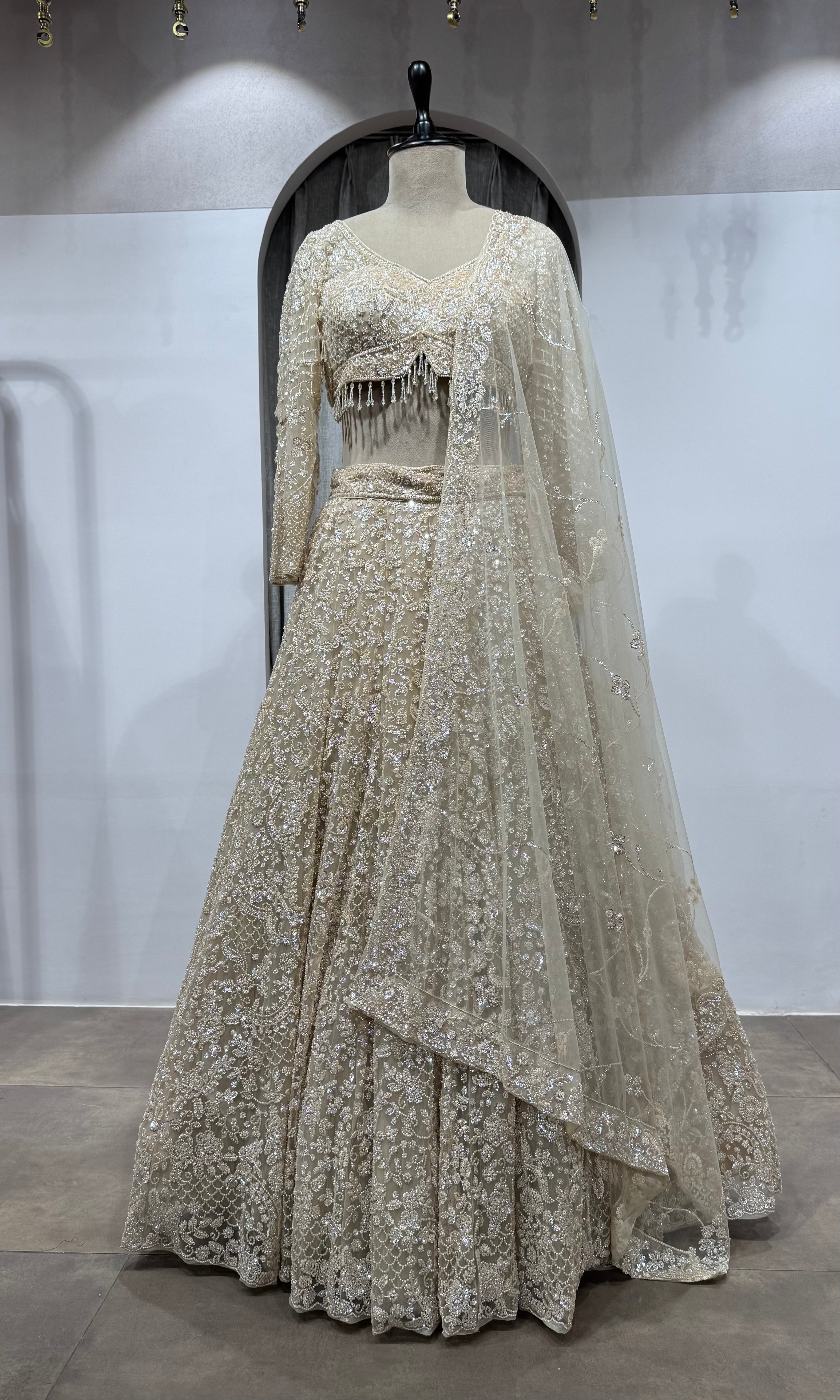 Ivory Net Sequin Embroidered Lehenga Set