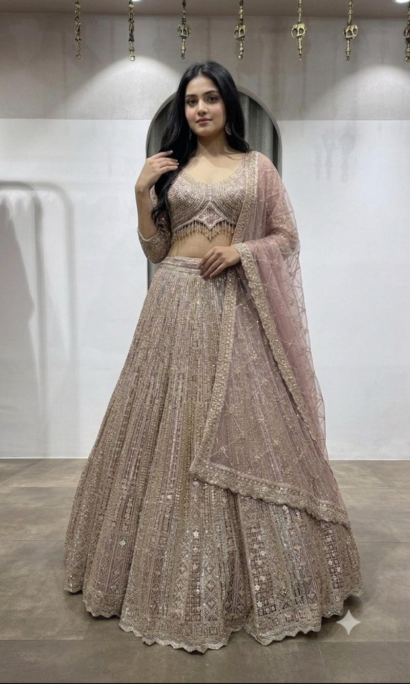 Pink Rose Gold Embroidered Lehenga with Dupatta