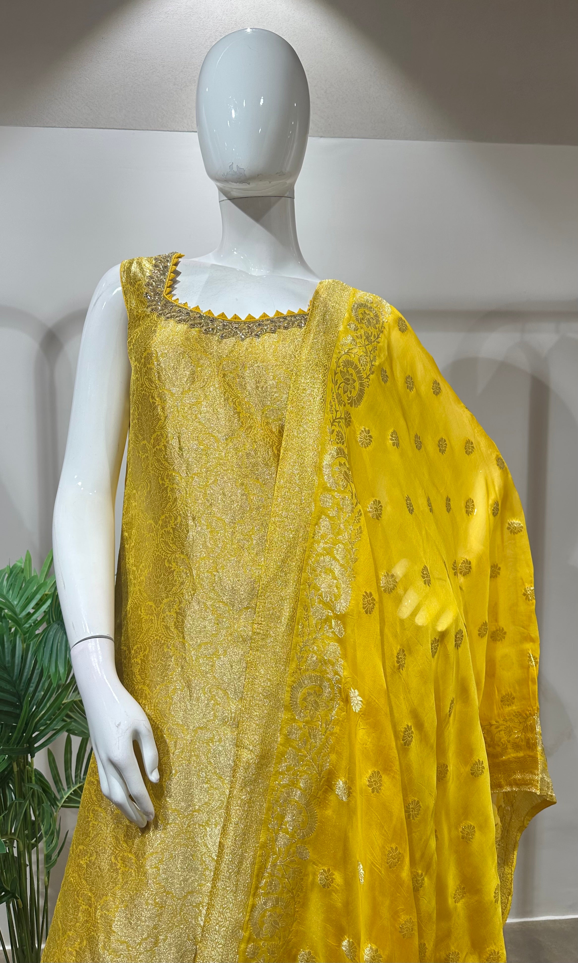 Yellow Banarasi embroidered kurta set