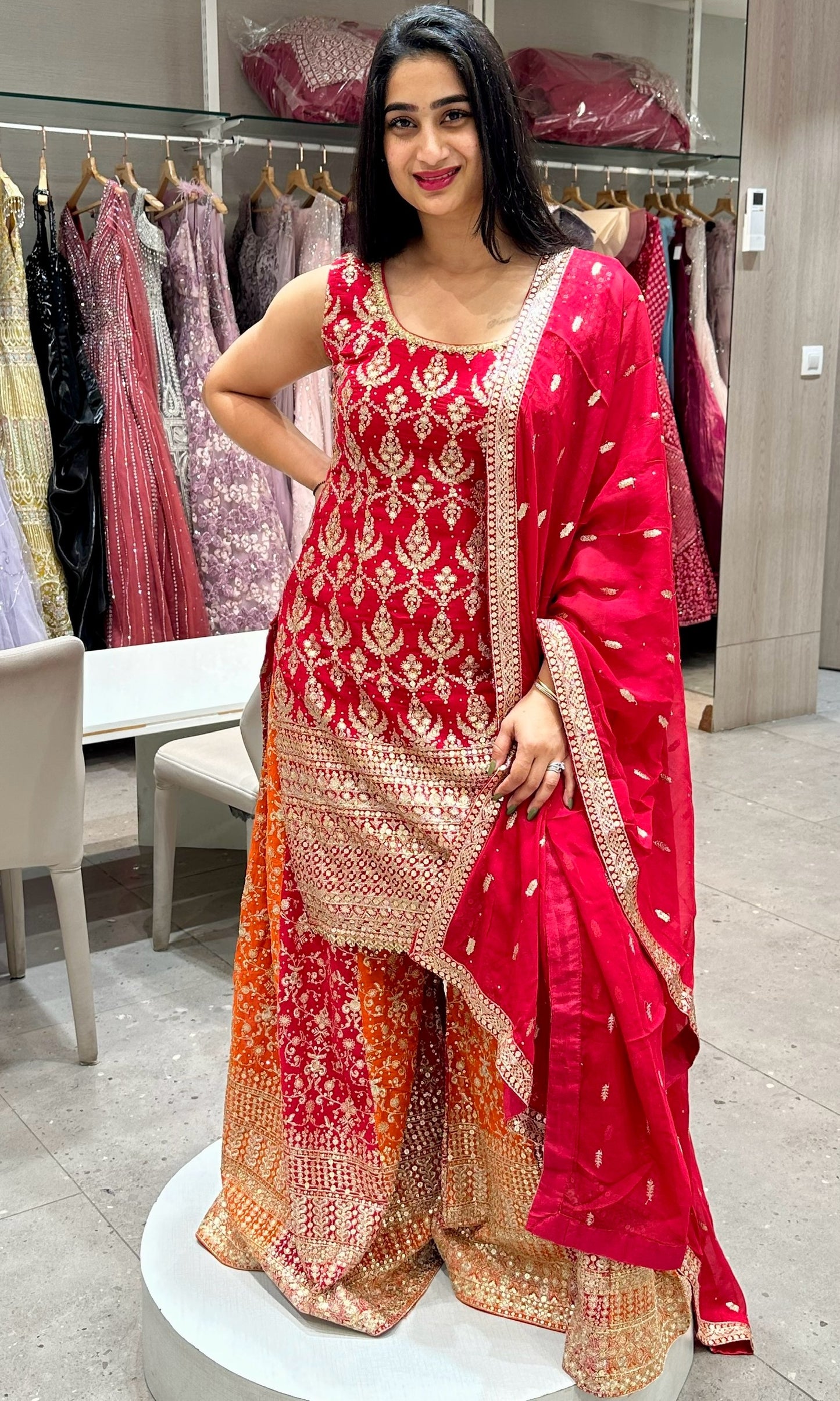 😍 pink designer banaras  dress with palazzo bottom⚜️