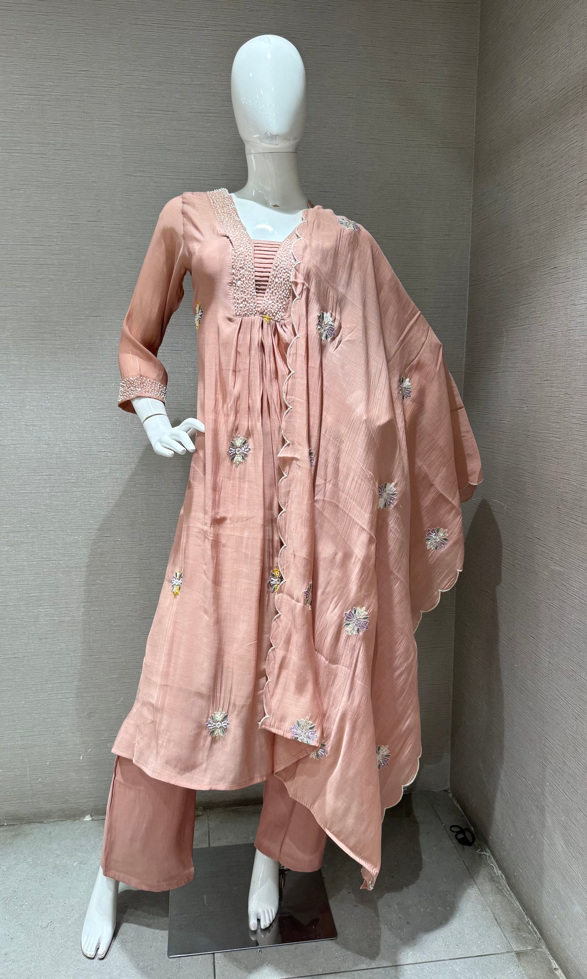 Beige Floral Embroidered Cotton Kurta set with Dupatta