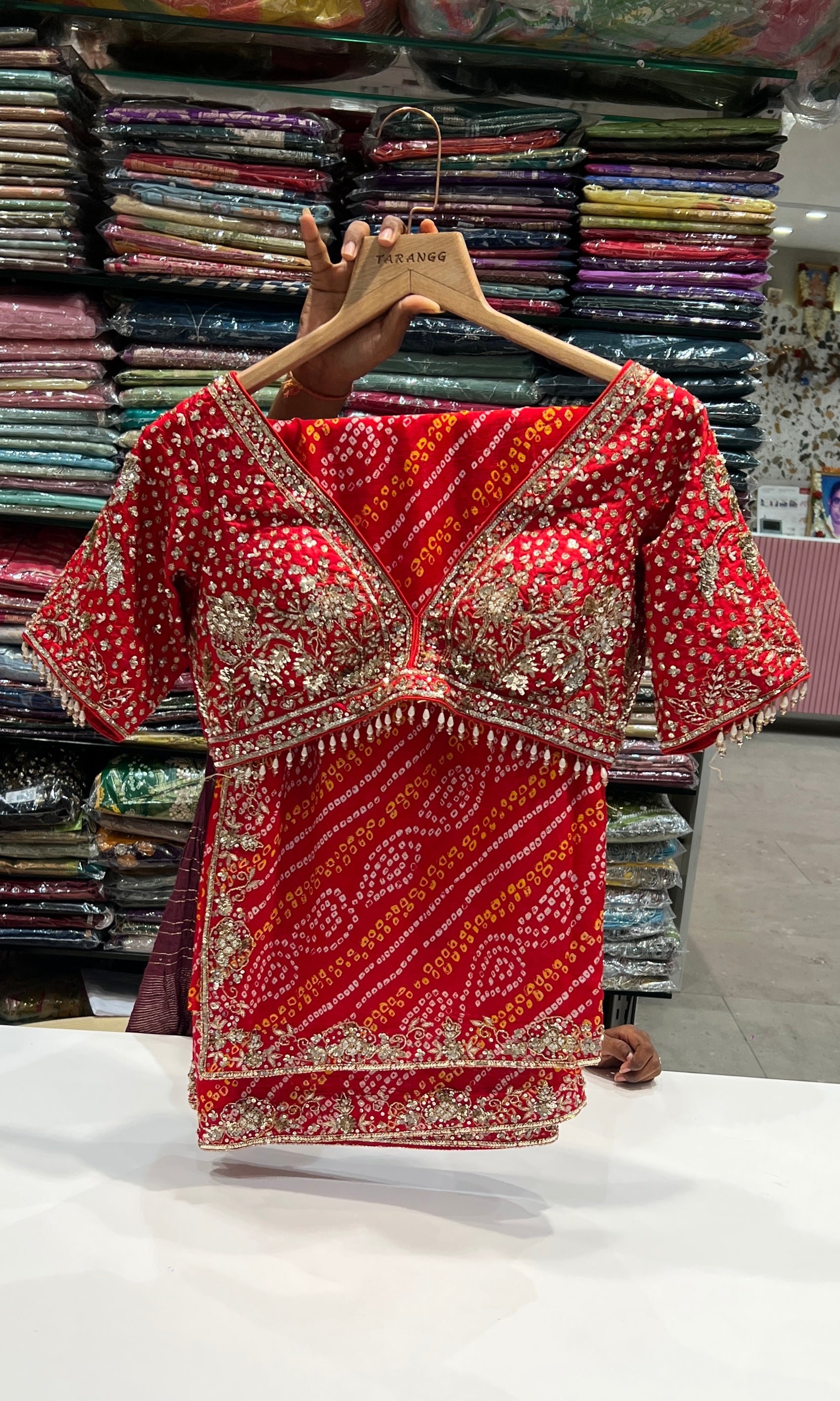 Red Bandini saree with ready blouse