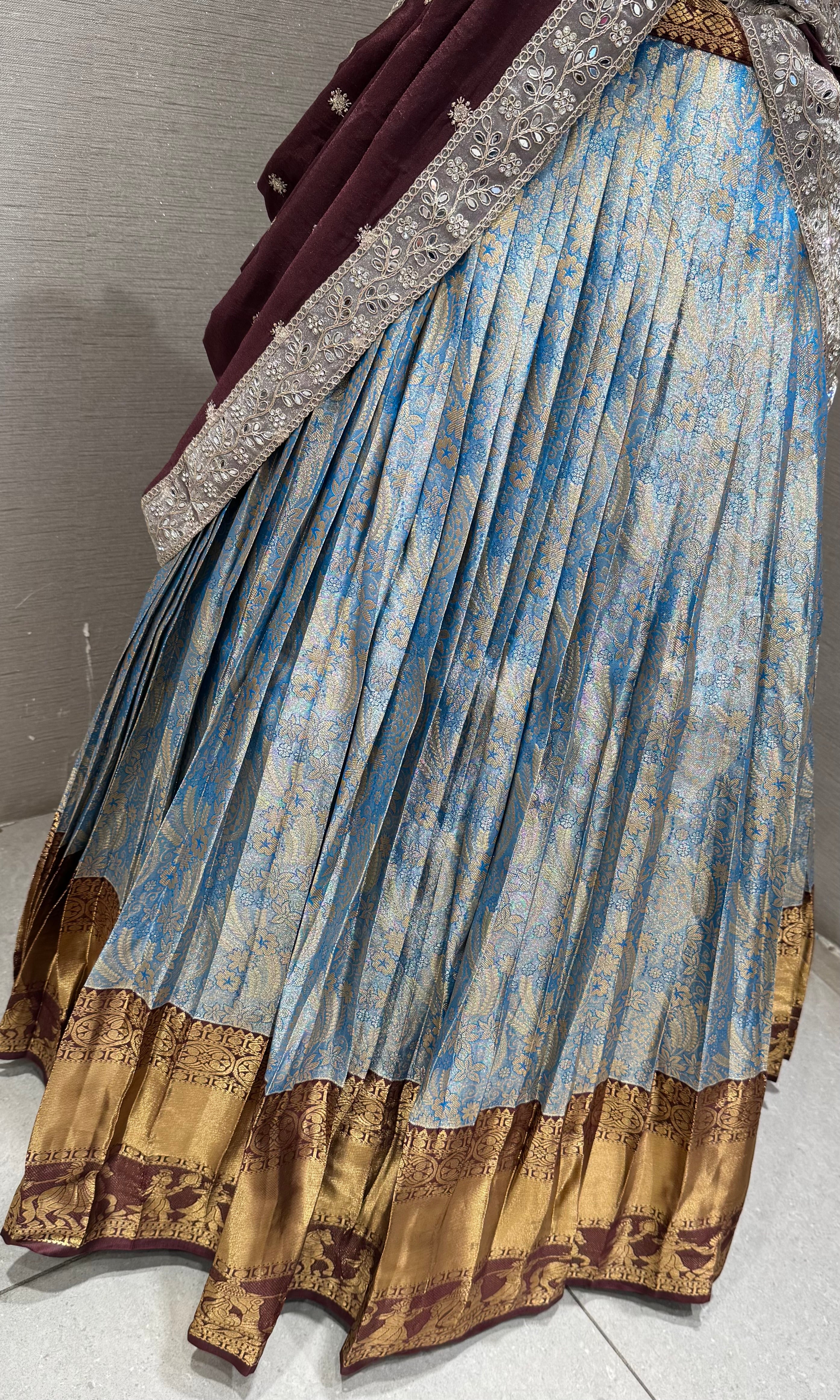 BLUE BANARASI PATTU LEHENGA WITH EMBROIDERED BLOUSE