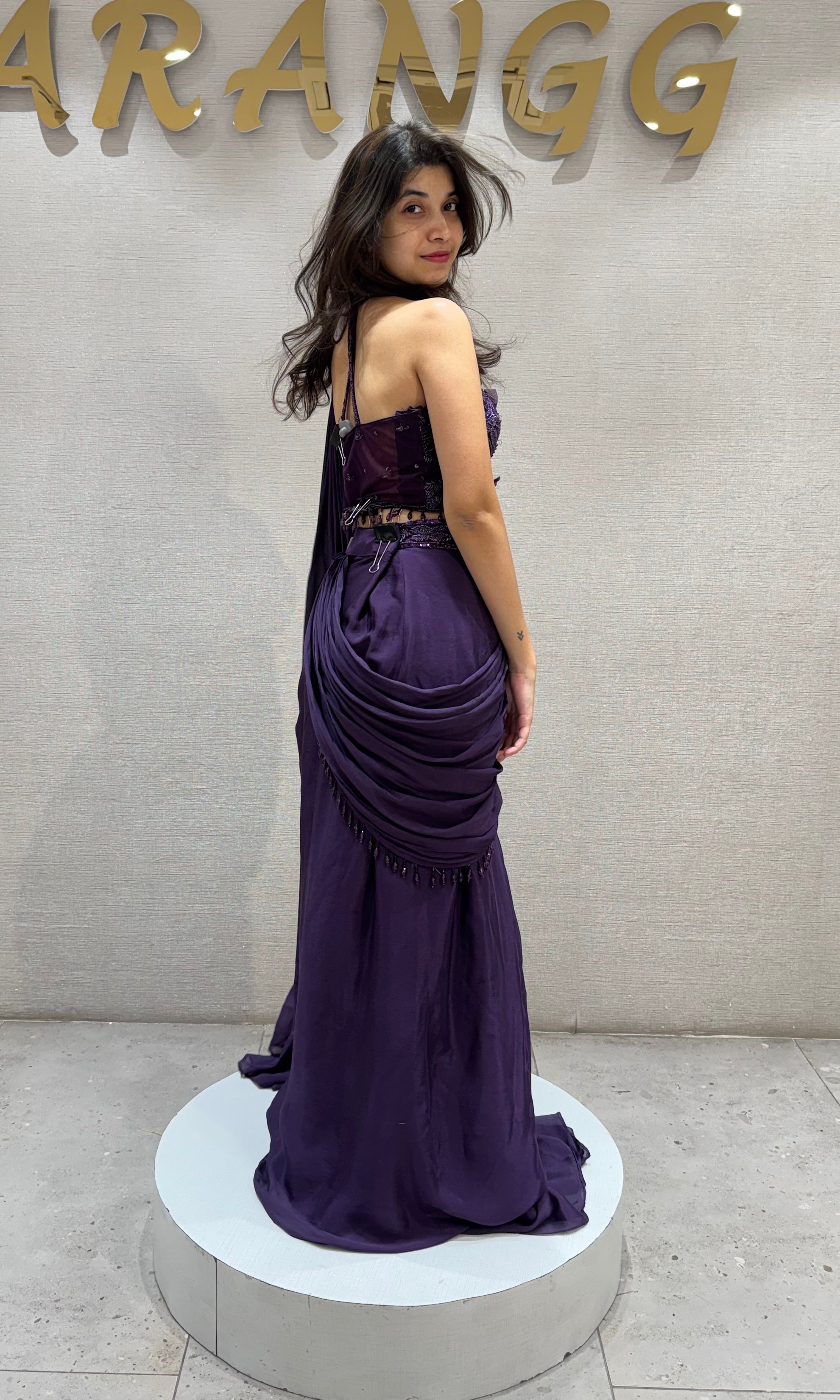 Wine Embellished Ruffle Drape Saree