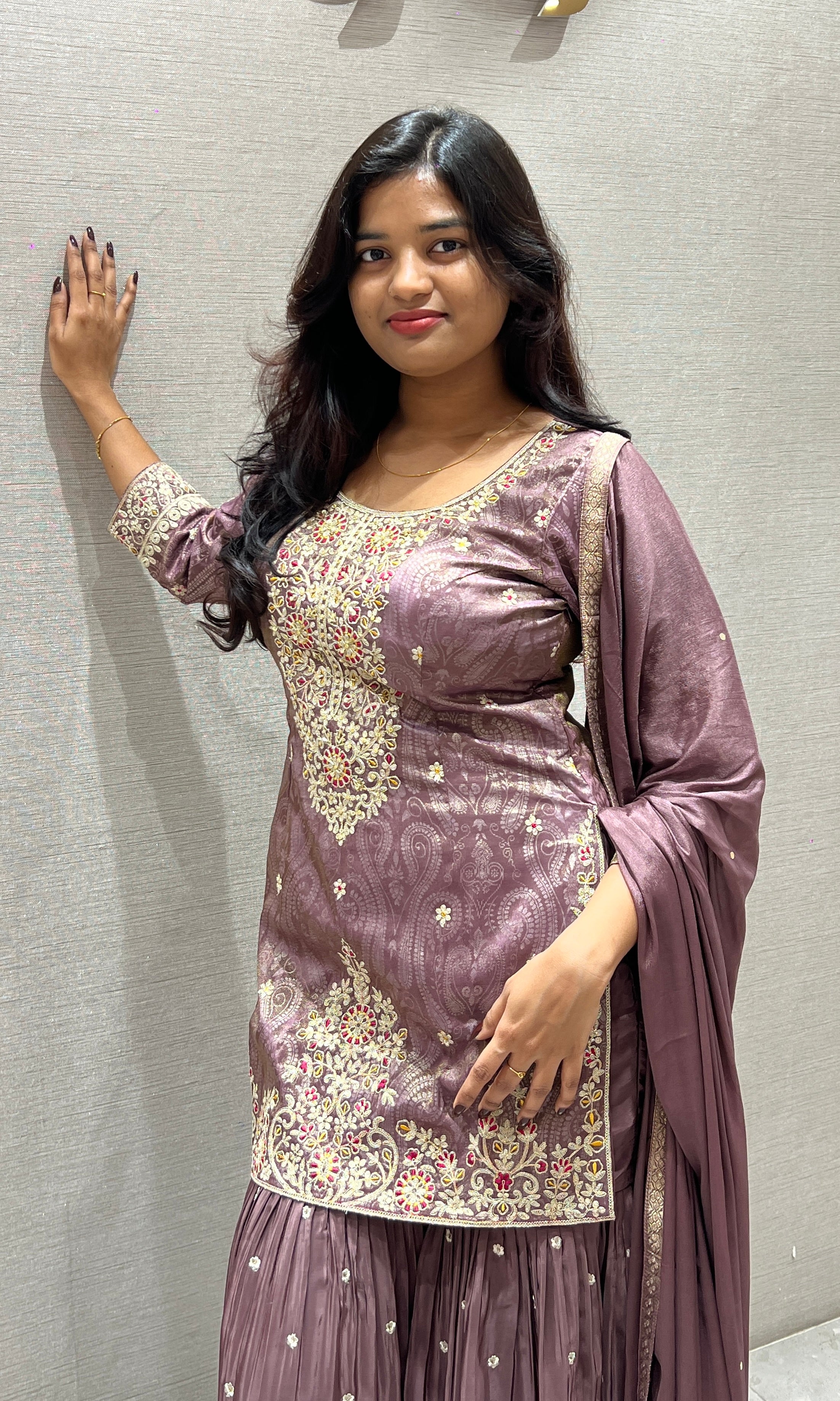 Purple Sharara Set with Golden Embroidery