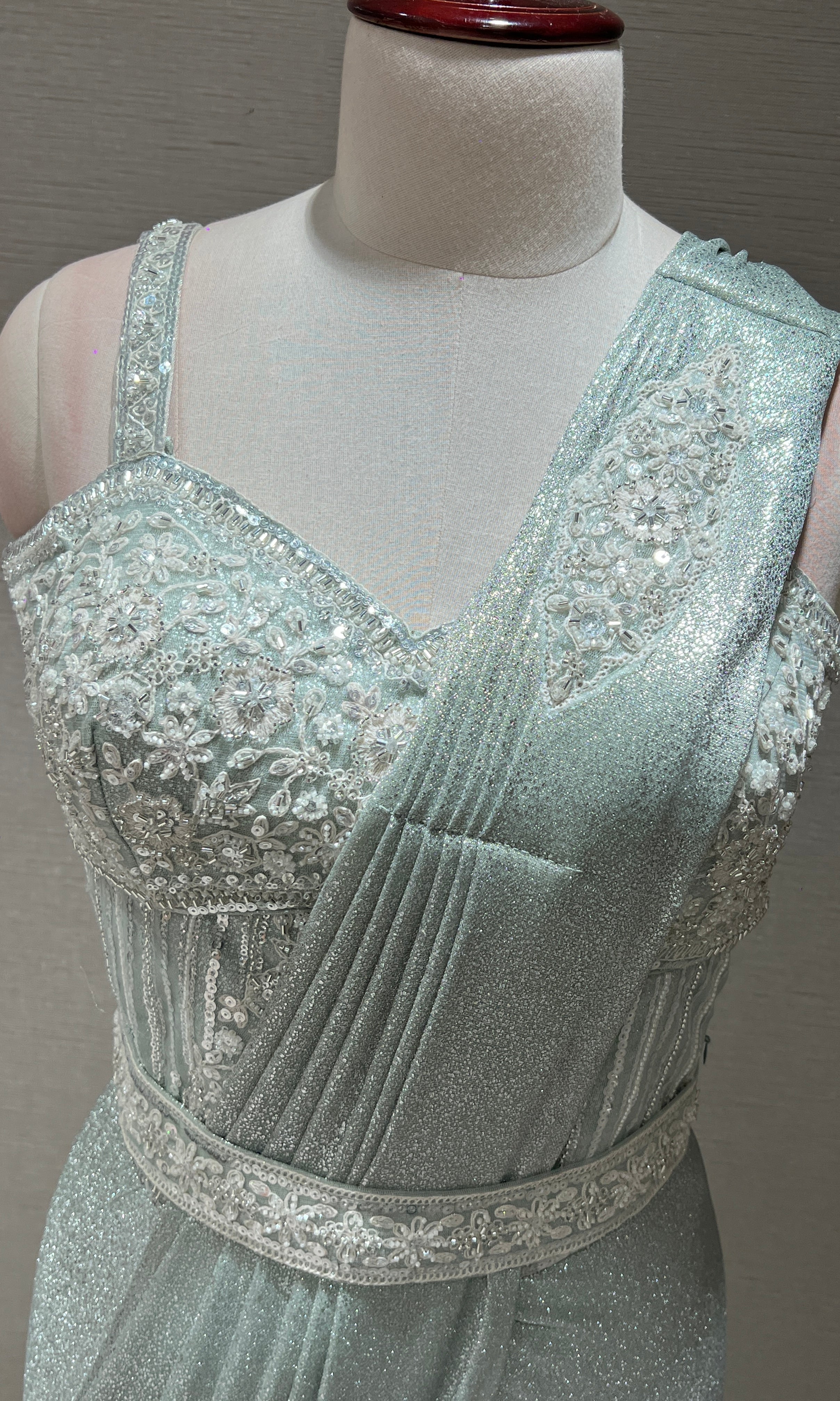 GREEN EMBELLISHED DRAPE SAREE WITH BELT