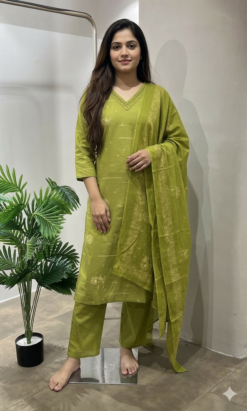 Green Ethnic Motifs Embroidered KURTA SET