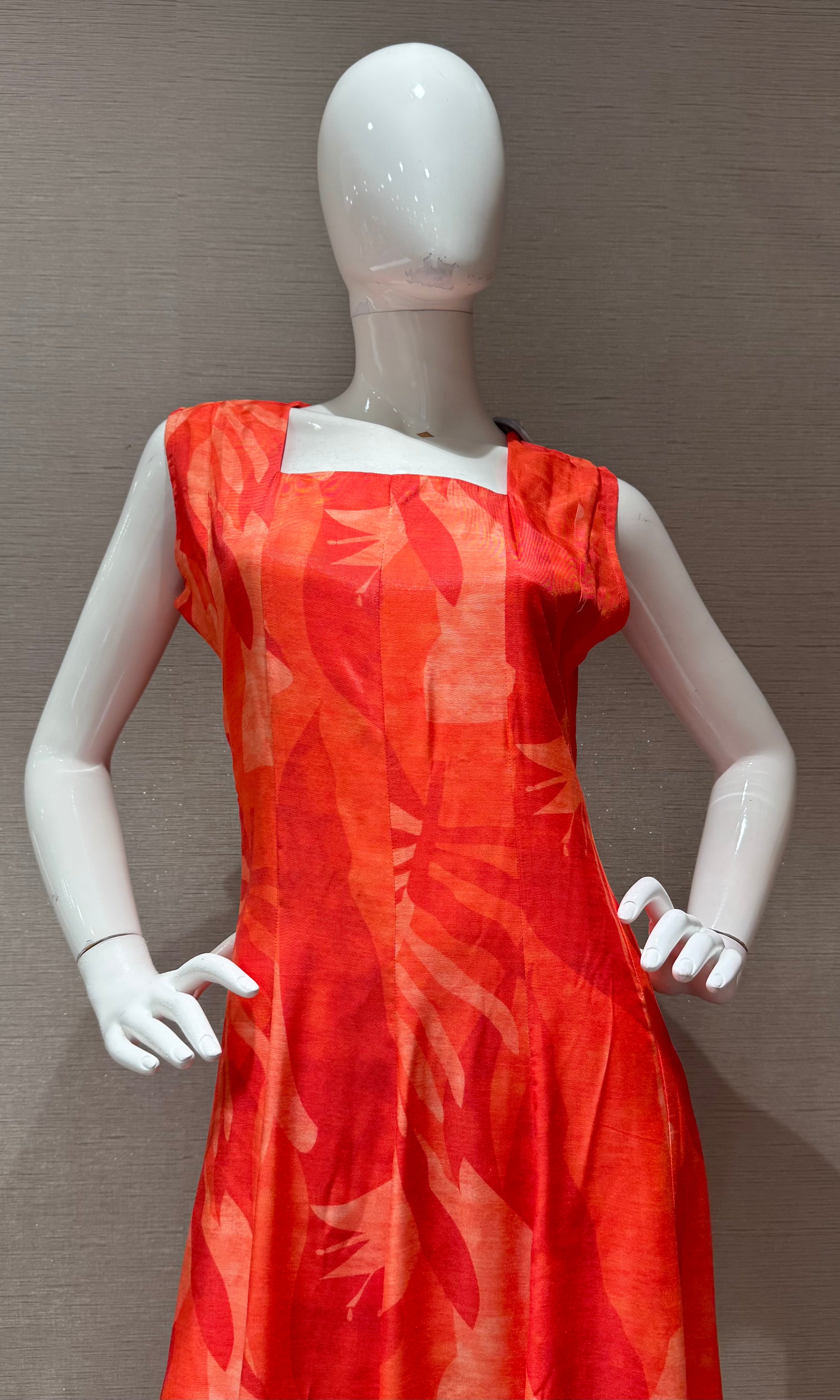 Orange Abstract Leaf Print Flare kurti