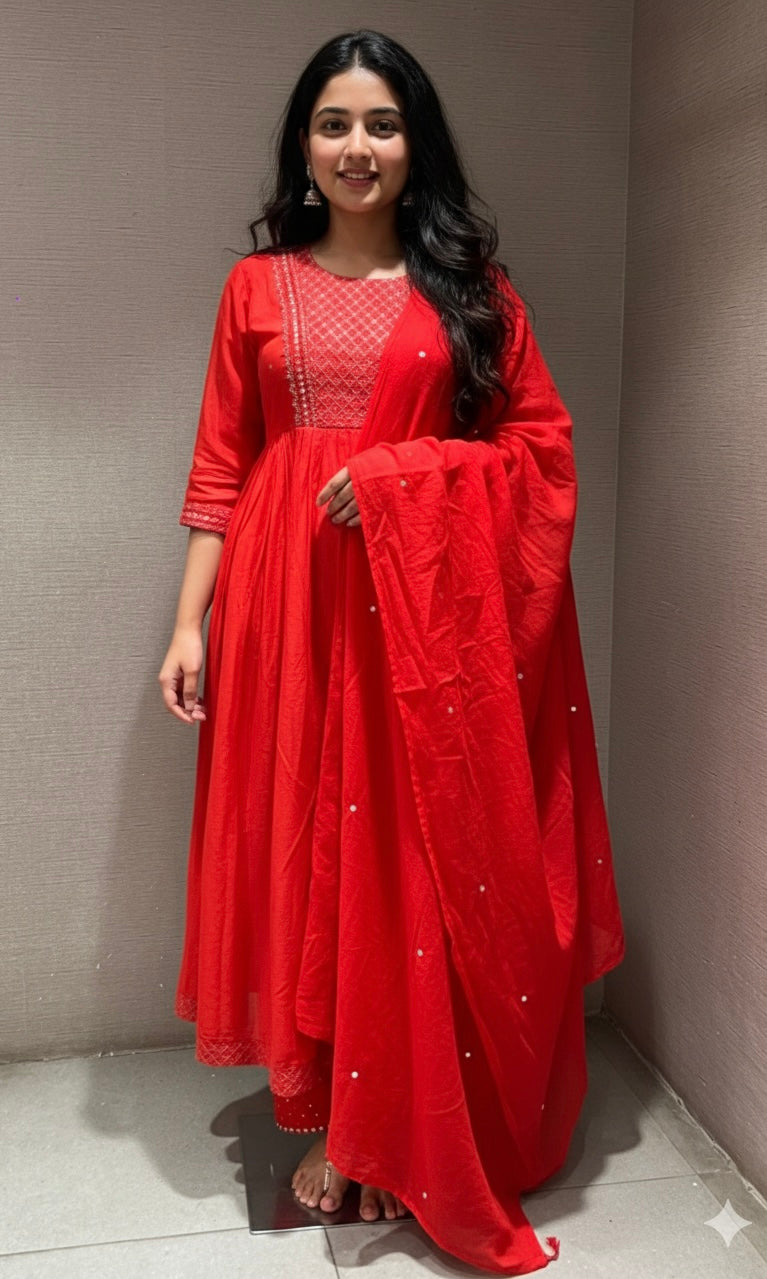 Red EMBROIDERED MUL CHANDERI kurta set