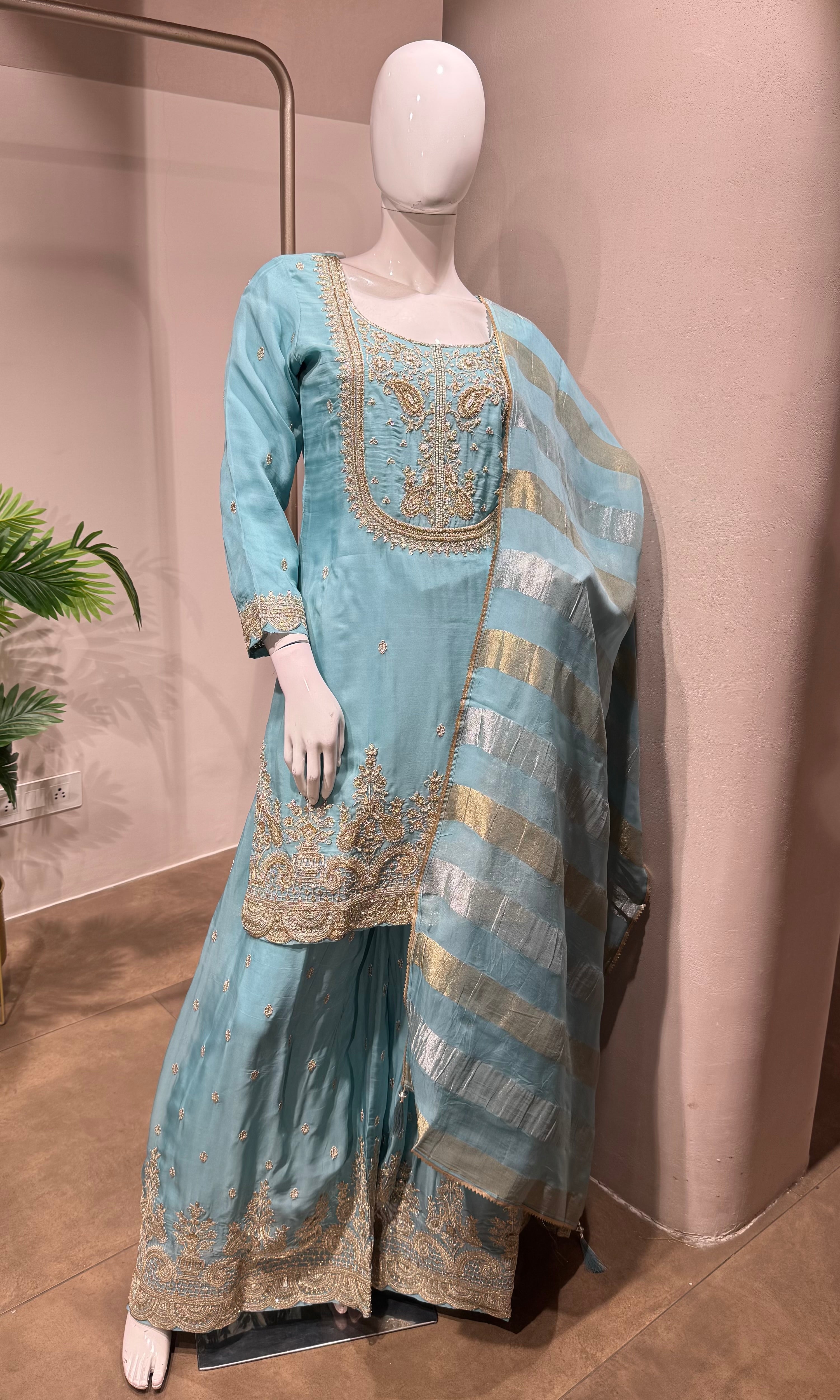 blue and gold embroidered sharara set