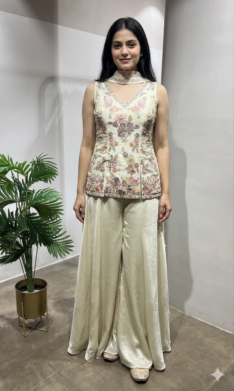 Cream Floral Embroidered Palazzo Suit