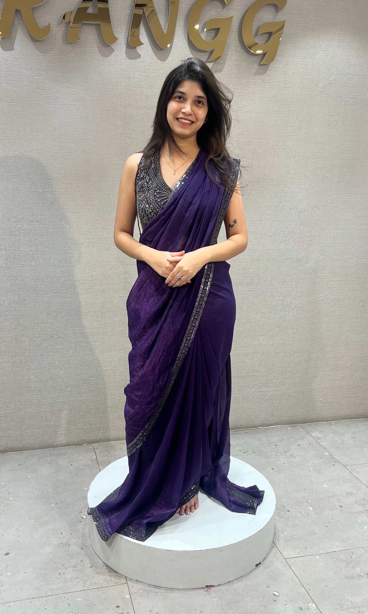 Deep Purple Embroidered Georgette Drape Saree