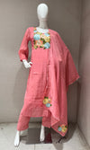 Pink Floral Embroidered Mul Chanderi A Line kurta Set with dupatta