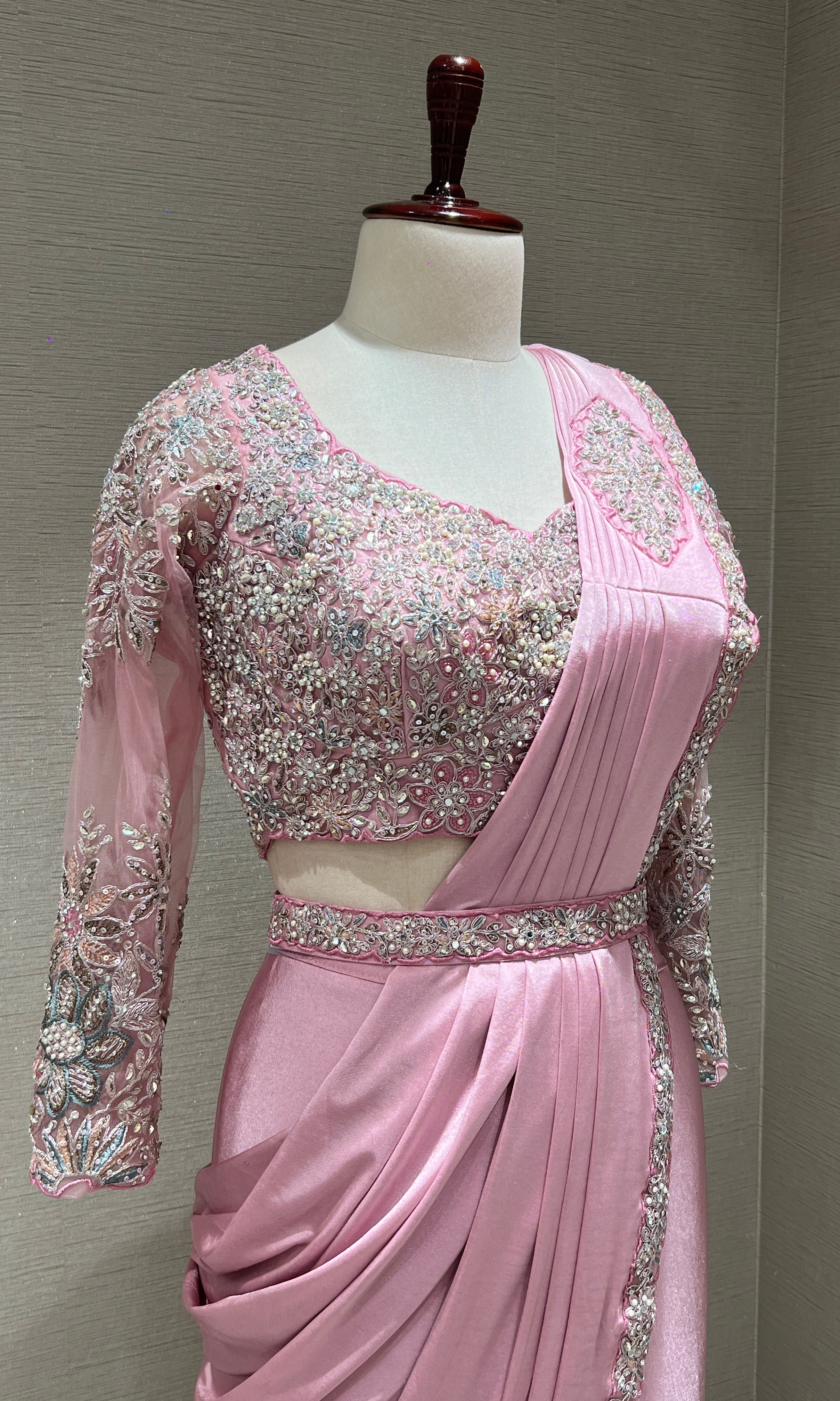 PINK DRAPE SAREE WITH FLORAL BLOUSE & BELT