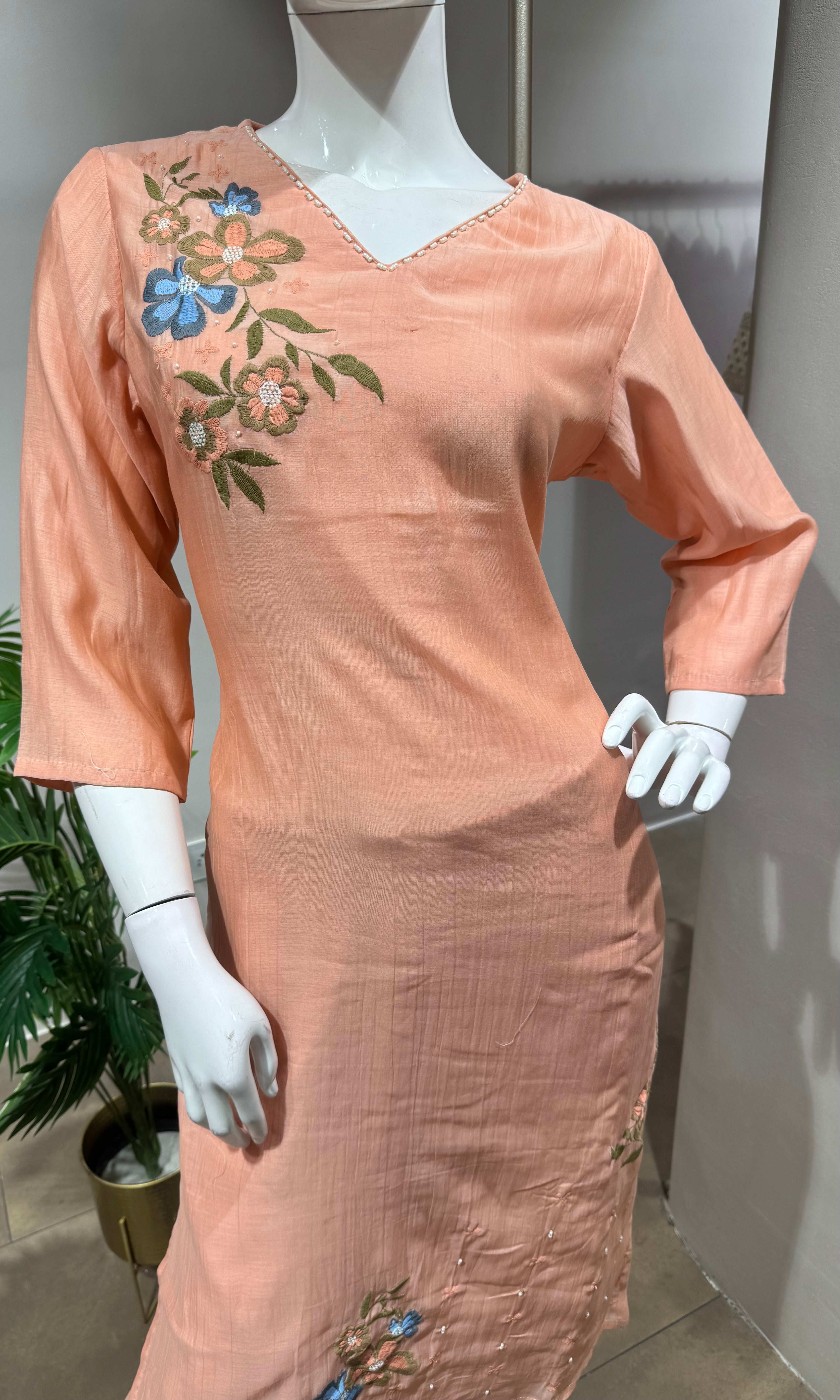 Peach Silk Kurti Set with French Knot