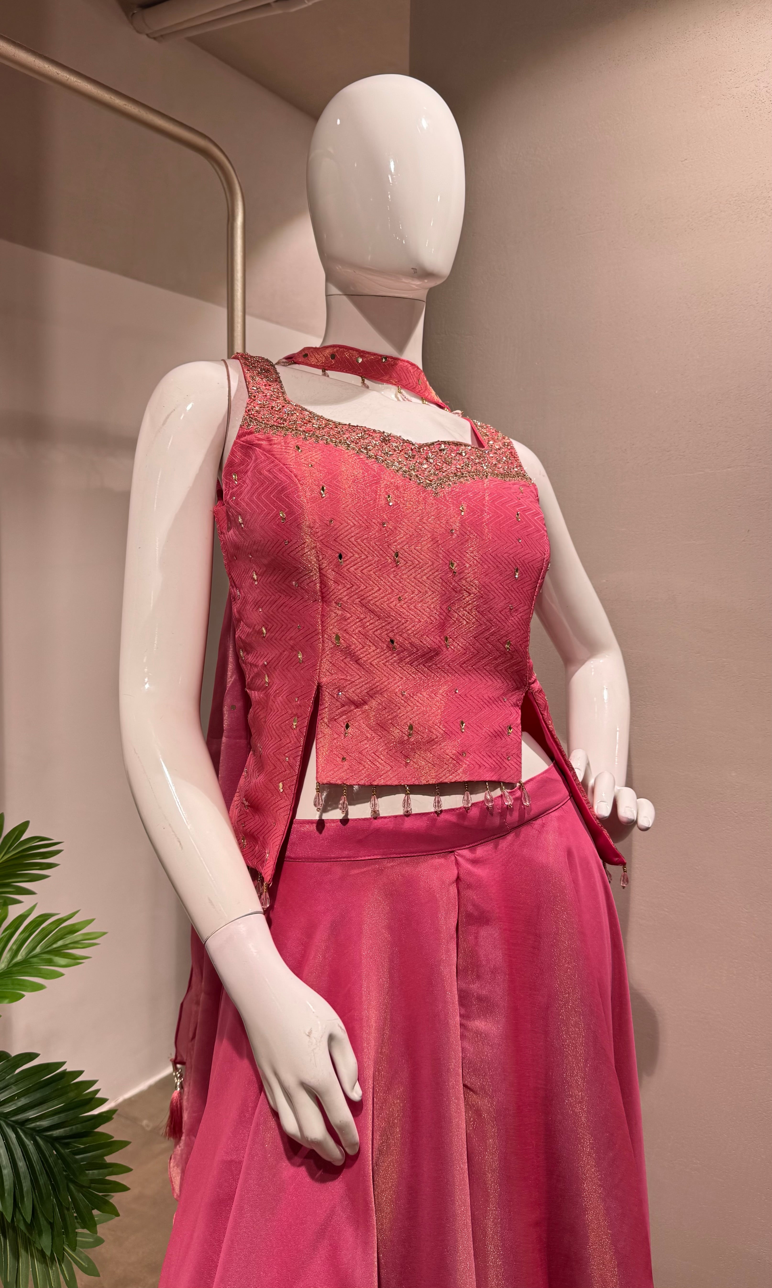 Pink Embellished Crop Top & Palazzo Set