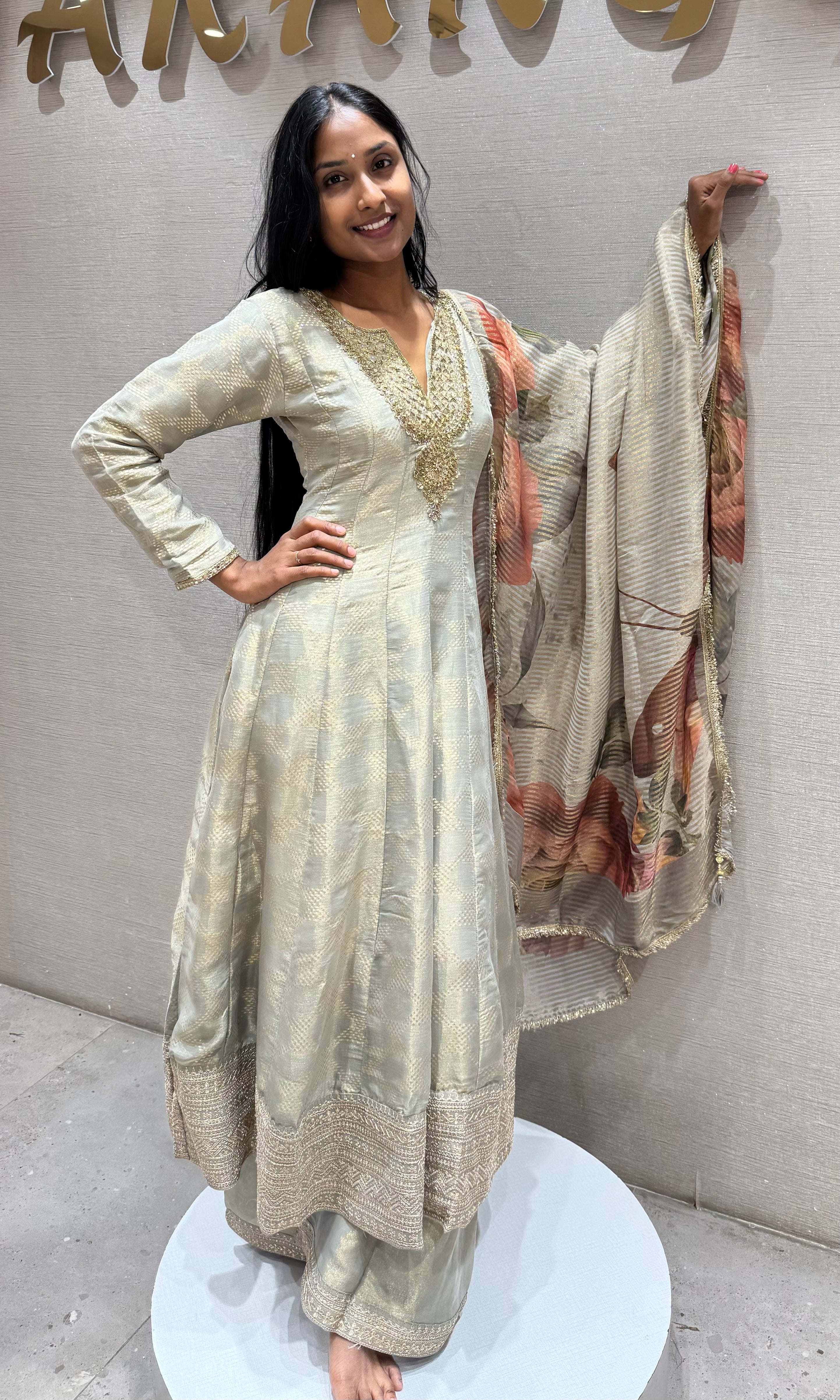 GREY Silk Anarkali Set with Floral Dupatta