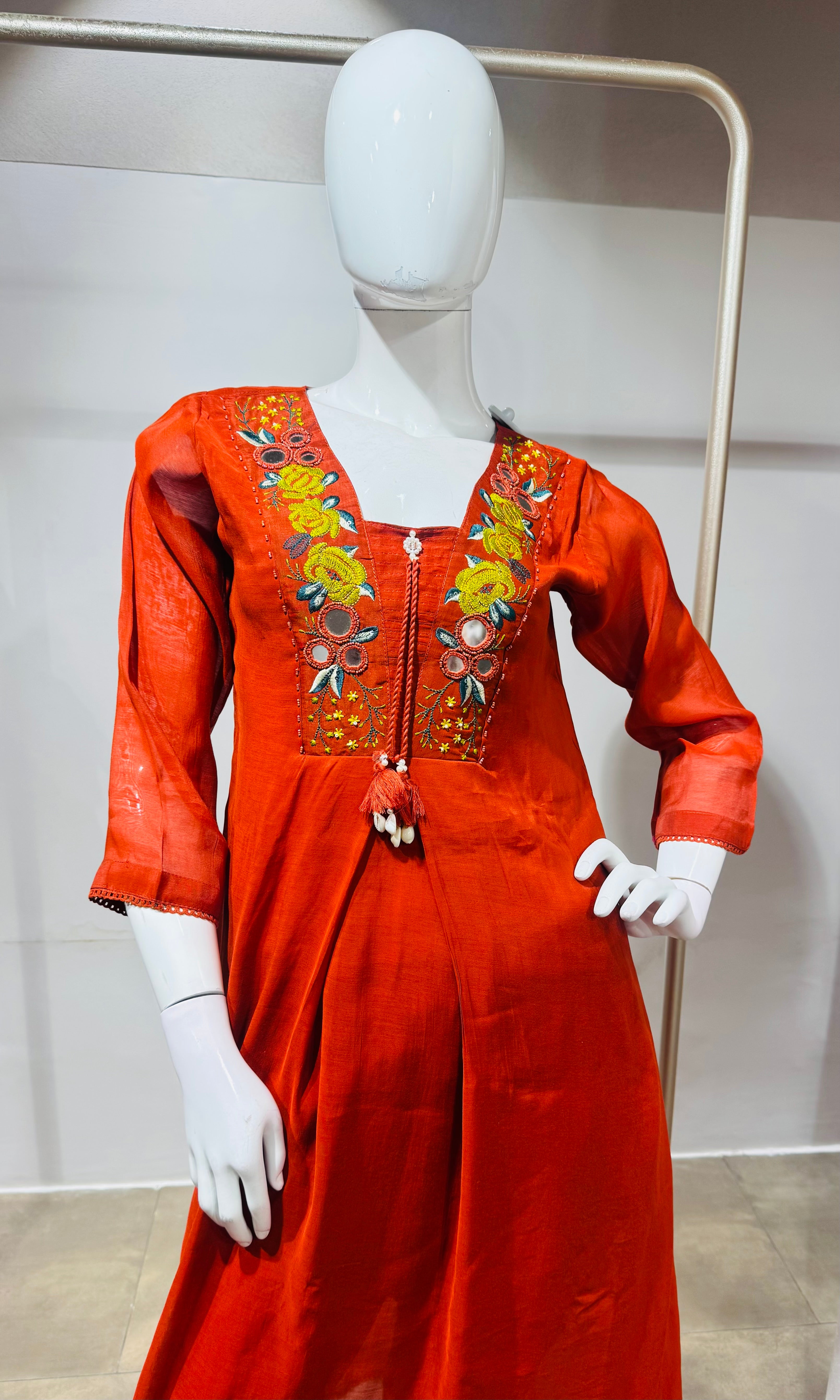 Rust Ethnic Kurta Set with Multicolored Neckline