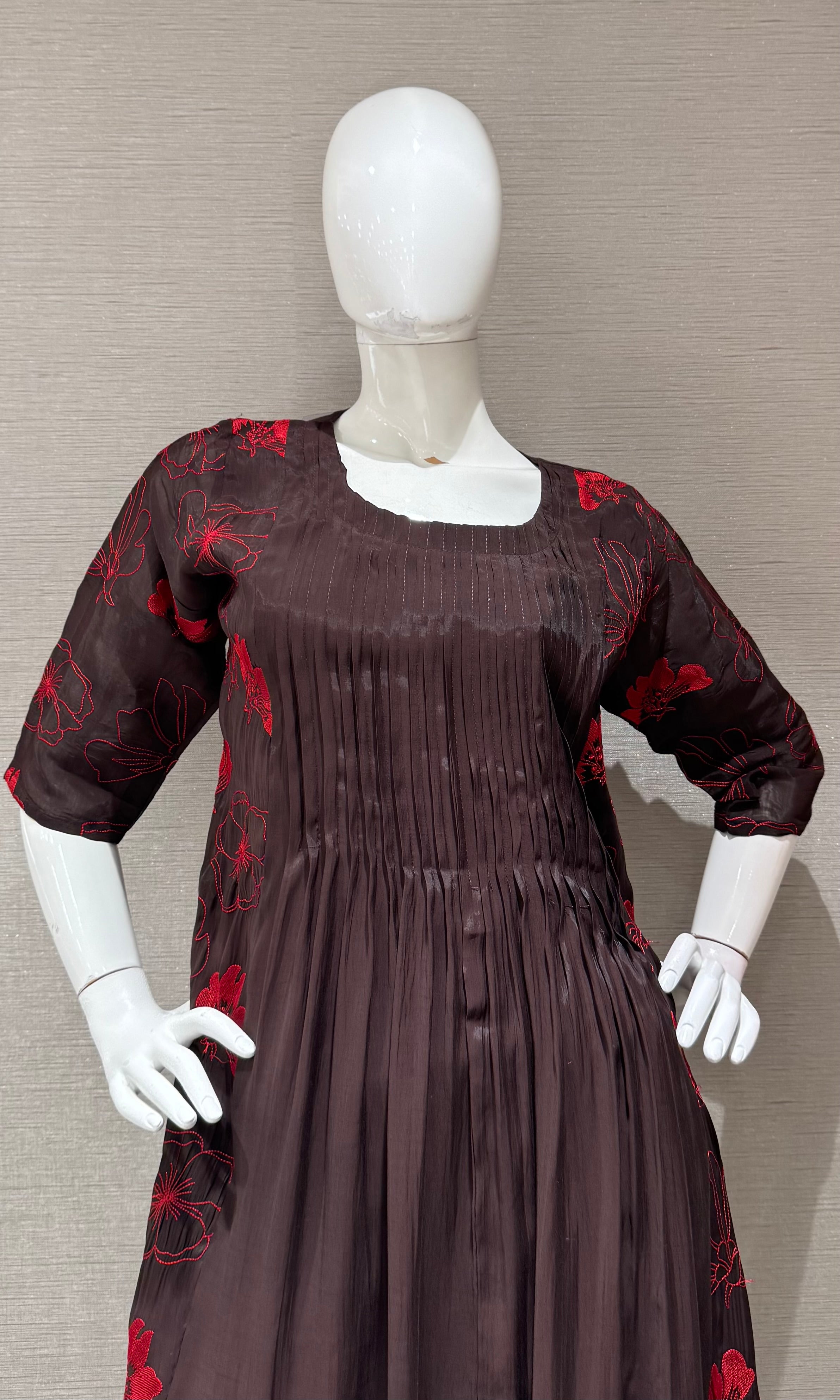 Deep Brown Floral Mul chanderi Kurta Set with Dupatta