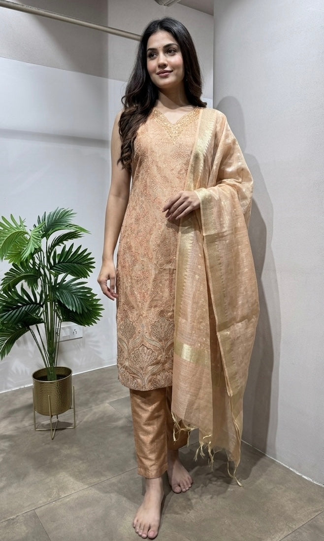 Peach Shimmer Tissue Suit with DUPATTA