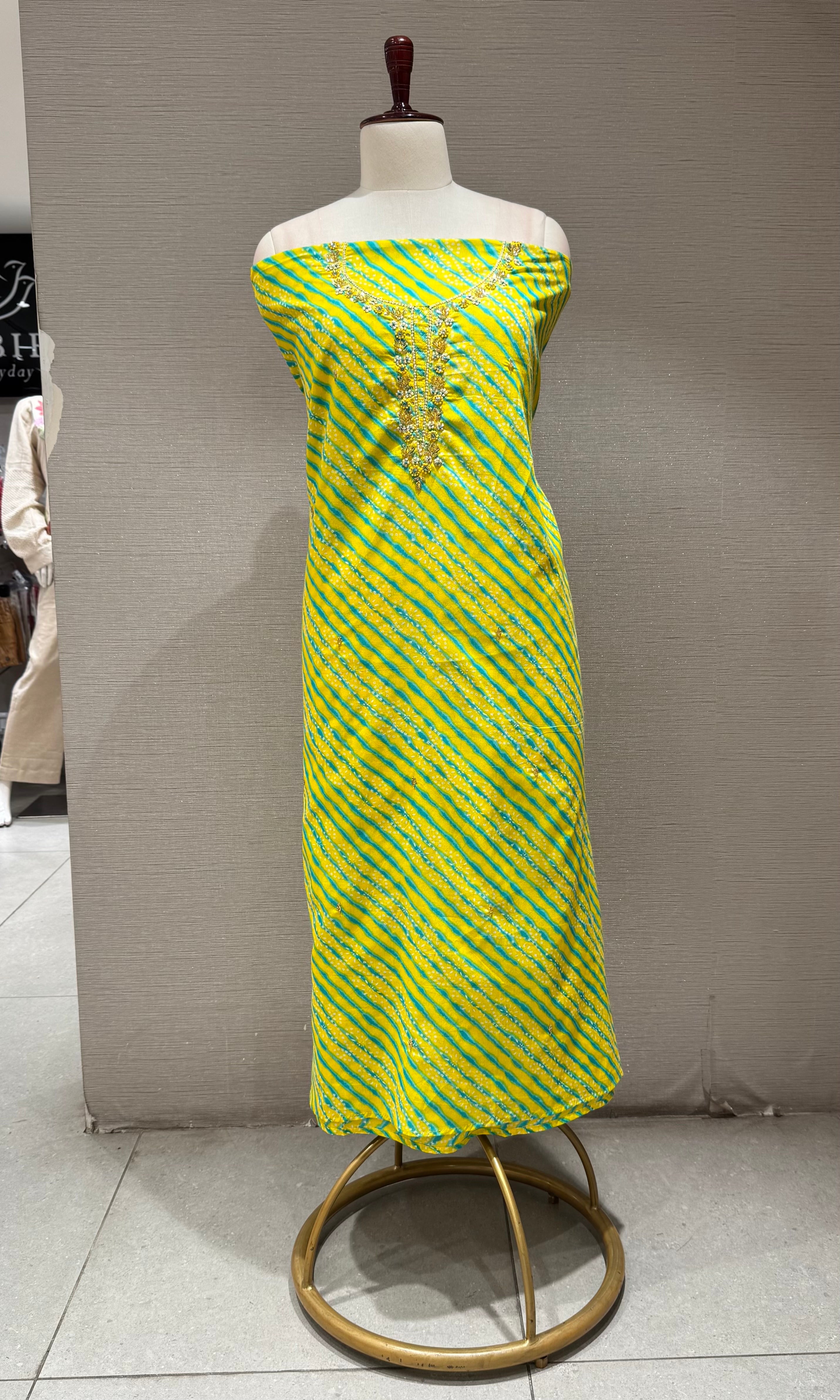 Yellow Leheriya Print Dress Material